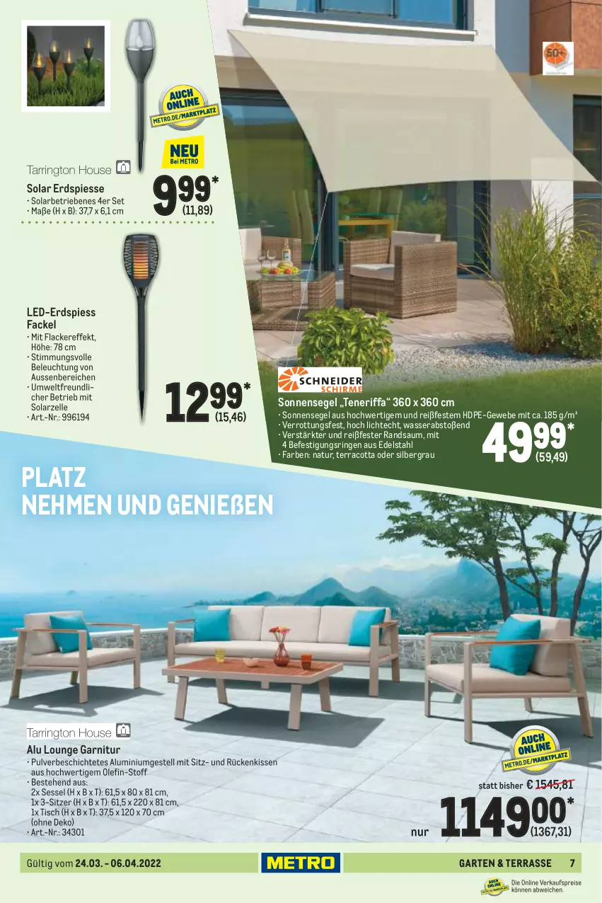 Aktueller Prospekt Metro - Garten und Terasse - von 24.03 bis 06.04.2022 - strona 7 - produkty: aluminiumgestell, beleuchtung, edelstahl, elle, garnitur, Garten, kissen, lack, Lacke, natur, ring, Rückenkissen, sessel, sonnensegel, Ti, tisch, wasser