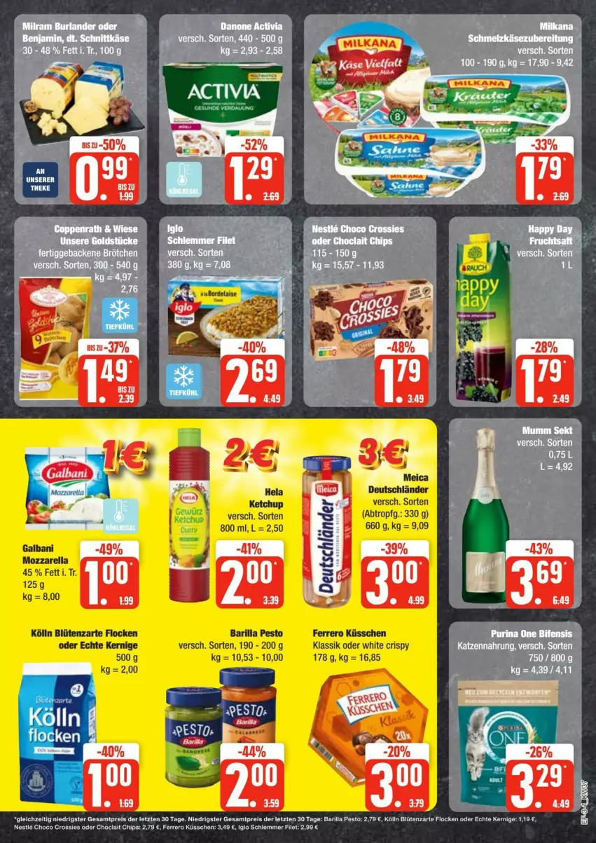 Aktueller Prospekt Edeka - Prospekte - von 07.09 bis 14.09.2024 - strona 3 - produkty: activia, barilla, Blüte, chips, choclait chips, choco crossies, crossies, danone, danone activia, eis, ferrero, Ferrero Küsschen, filet, galbani, iglo, Käse, katzennahrung, kölln, korn, leine, meica, pesto, reis, rel, Schmelzkäse, schmelzkäsezubereitung, schnittkäse, Ti, ZTE