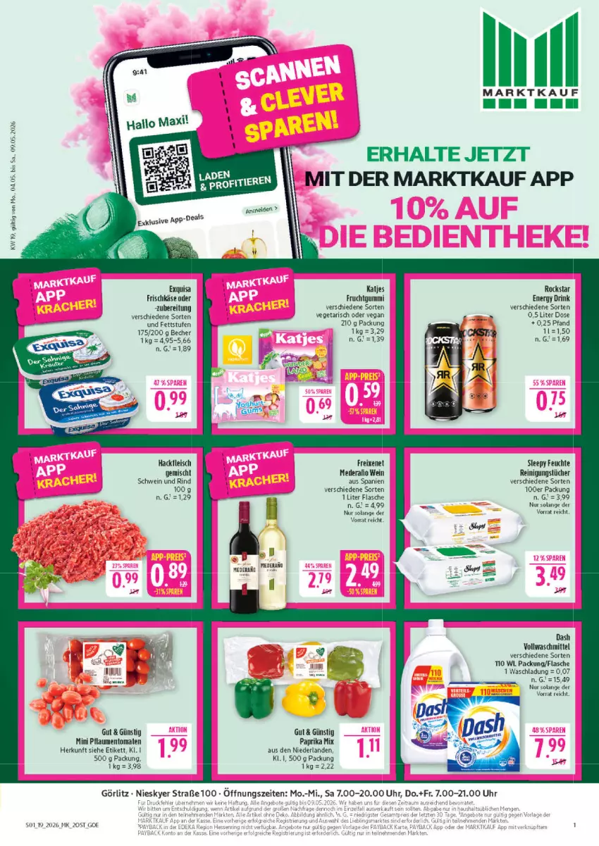 Aktueller Prospekt Marktkauf - Prospekt - von 03.05 bis 09.05.2026 - strona 1 - produkty: Becher, deka, drink, eis, energy drink, exquisa, exquisa frischkäse, flasche, fleisch, freixenet, frischkäse, frucht, hackfleisch, Käse, katjes, paprika, paprika mix, payback, pflaume, pflaumen, Reinigung, reinigungstücher, rind, Rockstar, schwein, schwein und rind, Ti, tomate, tomaten, tücher, uhr, Vegeta, vollwaschmittel, waschmittel, wein