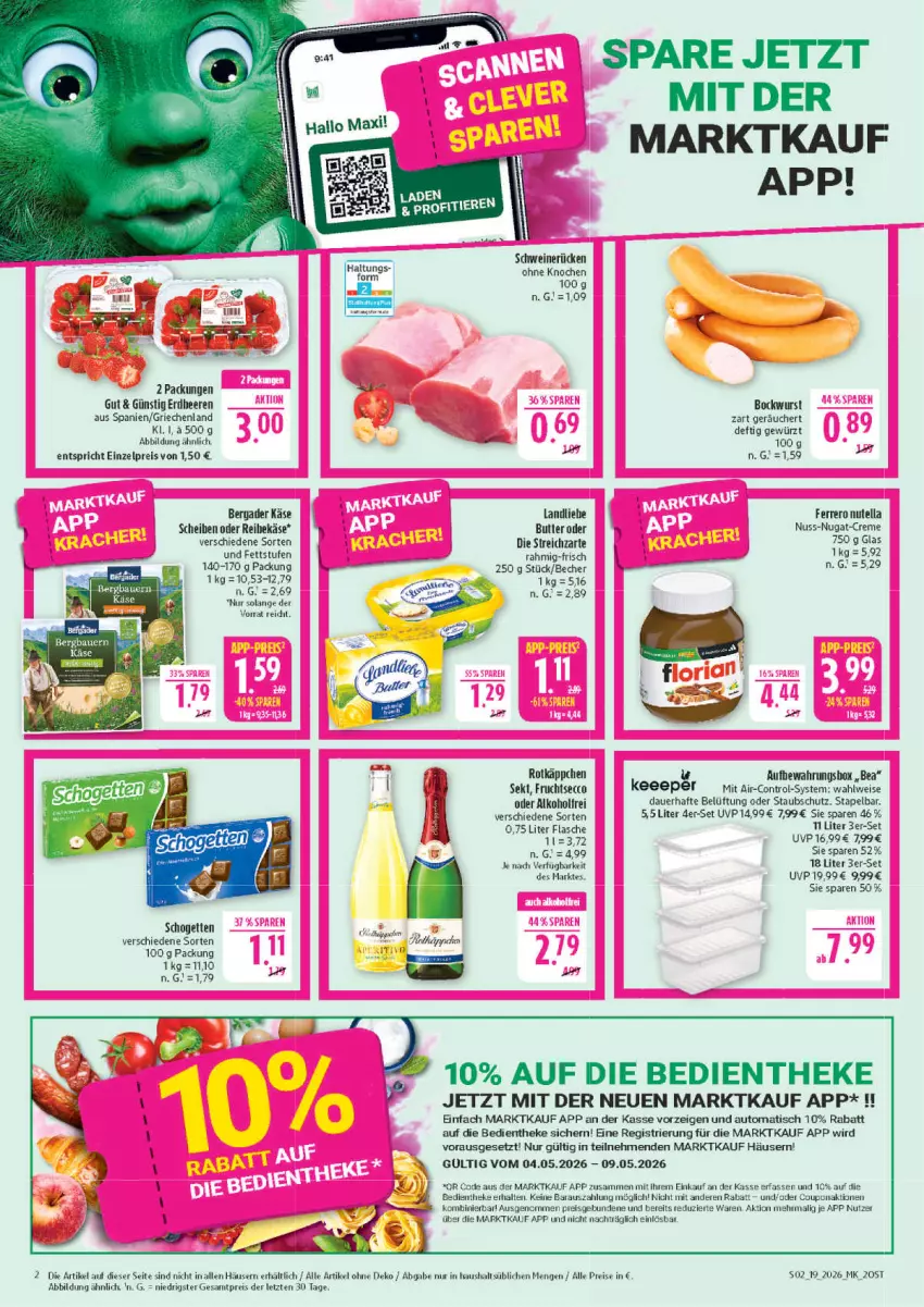 Aktueller Prospekt Marktkauf - Prospekt - von 03.05 bis 09.05.2026 - strona 2 - produkty: alkohol, auer, aufbewahrungsbox, auto, Becher, beere, beeren, bergader, bockwurst, coupon, creme, ecco, eis, erdbeere, erdbeeren, ferrero, flasche, frucht, fruchtsecco, gewürz, Käse, nuss, nuss-nugat-creme, nutella, Reibekäse, reis, rotkäppchen, schogetten, schwein, schweine, schweinerücken, sekt, Streichzart, Ti, tisch, wein, weine, wurst, ZTE