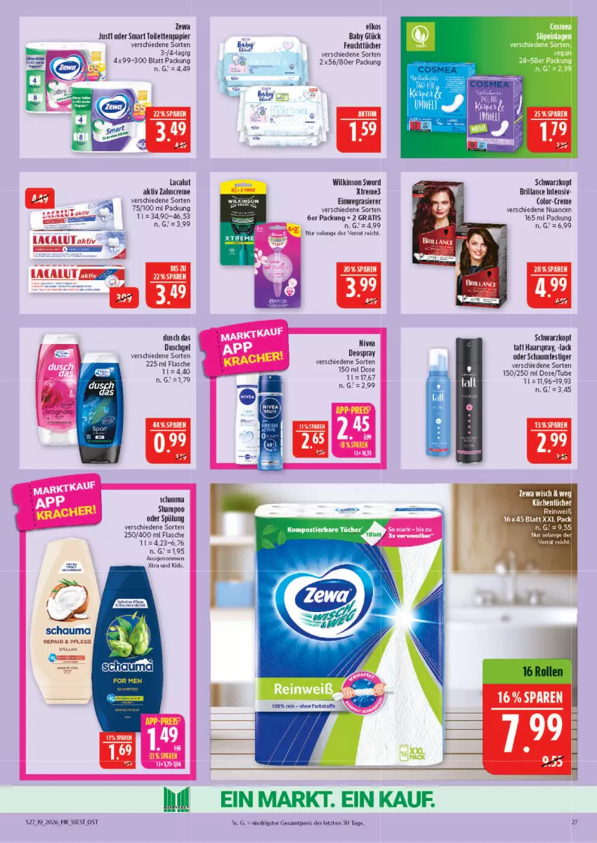 Aktueller Prospekt Marktkauf - Prospekt - von 03.05 bis 09.05.2026 - strona 27 - produkty: brillance, creme, deo, deospray, duschgel, einwegrasierer, eis, elkos, feuchttücher, flasche, haarspray, küche, Küchen, küchentücher, Lacalut, lack, nivea, Nuance, oder schaumfestiger, papier, rasierer, reis, schauma, schauma shampoo, schaumfestiger, schwarzkop, schwarzkopf, shampoo, shampoo oder spülung, spülung, Taft, Ti, toilettenpapier, tücher, wilkinson, zahncreme, zewa, ZTE