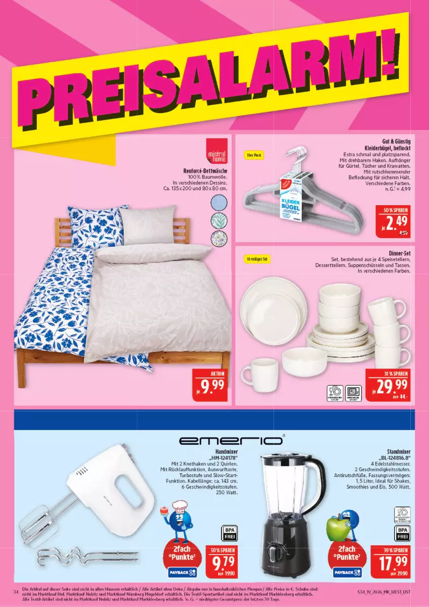 Aktueller Prospekt Marktkauf - Prospekt - von 03.05 bis 09.05.2026 - strona 34 - produkty: Bau, baumwolle, bett, bettwäsche, bügel, dessert, Dessertteller, edelstahl, edelstahlmesser, eis, elle, handmixer, kleid, kleider, kleiderbügel, LG, messer, Mixer, reis, schuhe, schüssel, shake, smoothie, smoothies, Speiseteller, Sport, standmixer, suppe, suppen, tasse, tee, teller, Ti, tücher, wolle, ZTE