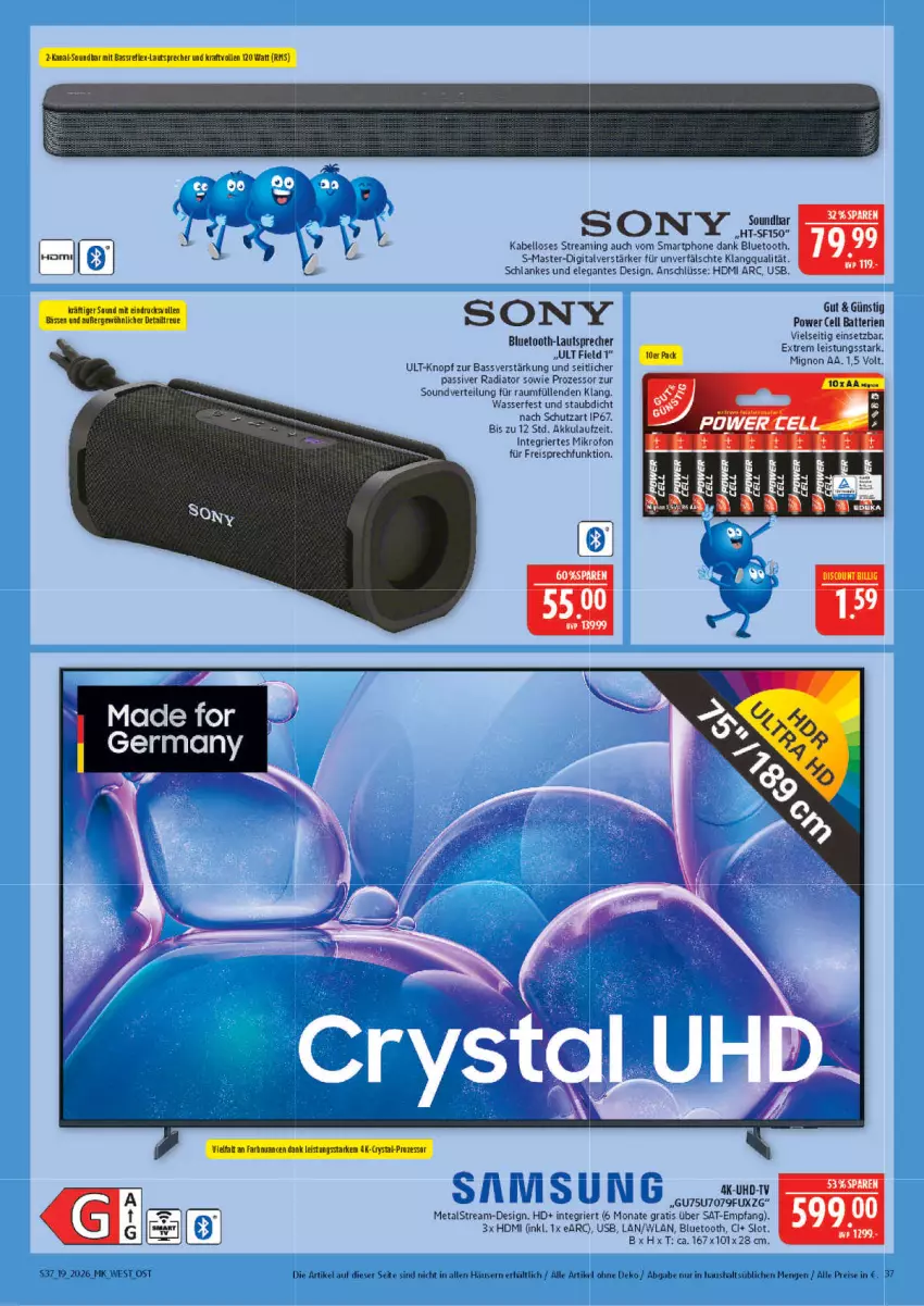 Aktueller Prospekt Marktkauf - Prospekt - von 03.05 bis 09.05.2026 - strona 37 - produkty: akku, batterie, batterien, bluetooth-lautsprecher, eis, Germ, HDMI, lautsprecher, reis, smartphone, sony, soundbar, Ti, uhd, usb, wasser