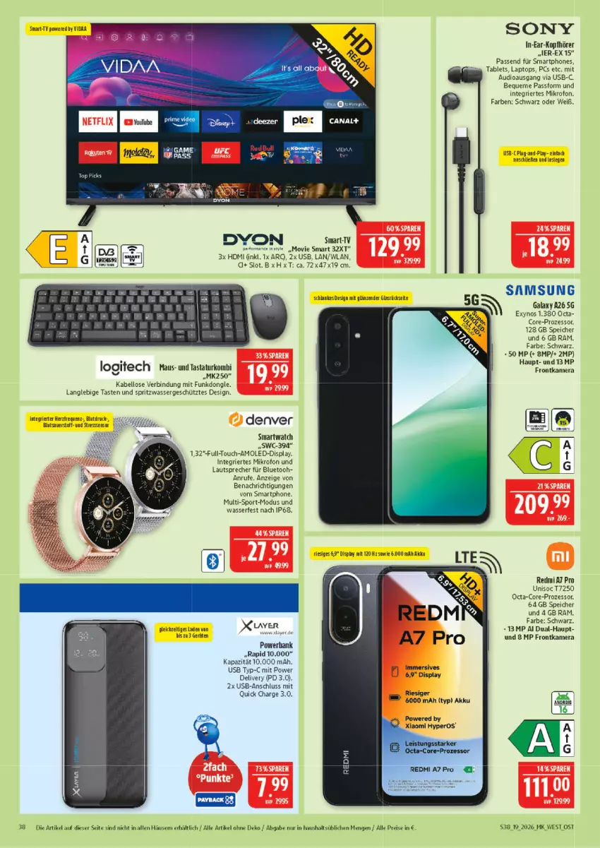 Aktueller Prospekt Marktkauf - Prospekt - von 03.05 bis 09.05.2026 - strona 38 - produkty: akku, auer, eis, frontkamera, HDMI, in-ear-kopfhörer, K2, kamera, kopfhörer, Laptop, lautsprecher, reis, rel, Samsung, smartphone, smartphones, smartwatch, sony, Sport, tablet, Tablets, Tastatur, Ti, usb, wasser, ZTE