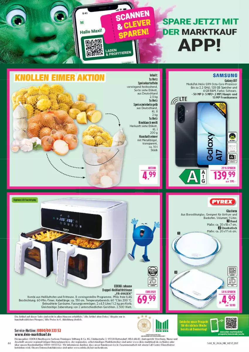 Aktueller Prospekt Marktkauf - Prospekt - von 03.05 bis 09.05.2026 - strona 44 - produkty: Airfryer, Astra, backofen, bügel, deka, eimer, eis, ente, fritteuse, frontkamera, ilag, kamera, kartoffel, kartoffeln, knoblauch, korb, Leuchte, Ofen, quad, reis, ring, sac, Samsung, samsung galaxy, Samsung Galaxy A, speisekartoffeln, Speisezwiebeln, Ti, timer, tisch, zwiebel, zwiebeln