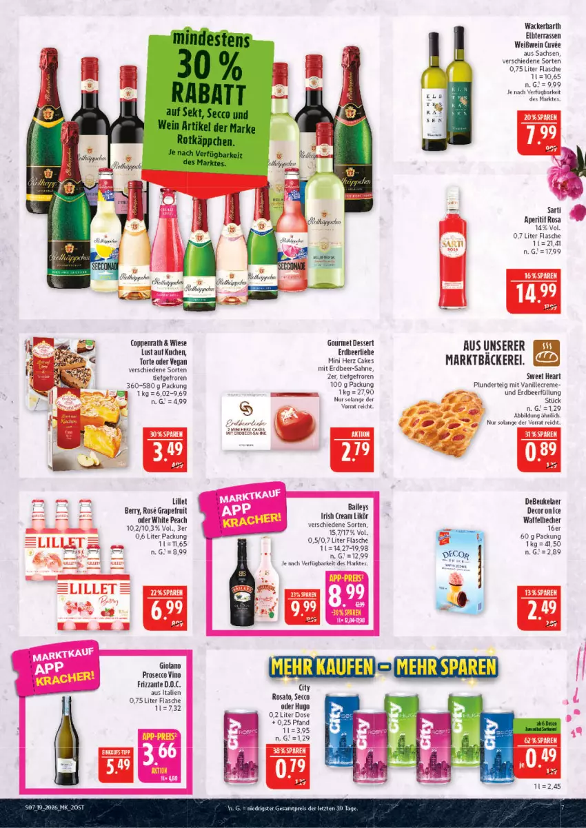 Aktueller Prospekt Marktkauf - Prospekt - von 03.05 bis 09.05.2026 - strona 7 - produkty: aperitif, Becher, coppenrath, creme, debeukelaer, decor, dessert, ecco, flasche, frizzante, grapefruit, hugo, kuchen, lillet, Lust auf Kuchen, Plunder, prosecco, rosato, sac, sahne, Ti, torte, vanille, wein, Weißwein