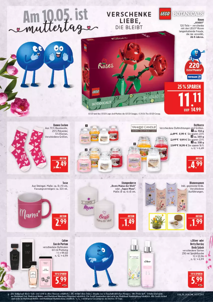 Aktueller Prospekt Marktkauf - Prospekt - von 03.05 bis 09.05.2026 - strona 8 - produkty: Bau, baumwolle, bett, blume, blumen, Duftkerze, Eau de parfum, eis, erde, flasche, kerze, mam, olive, parfum, reis, rosen, rwe, s.oliver, schuhe, socken, Sport, sprühflasche, tasse, Ti, wolle, ZTE