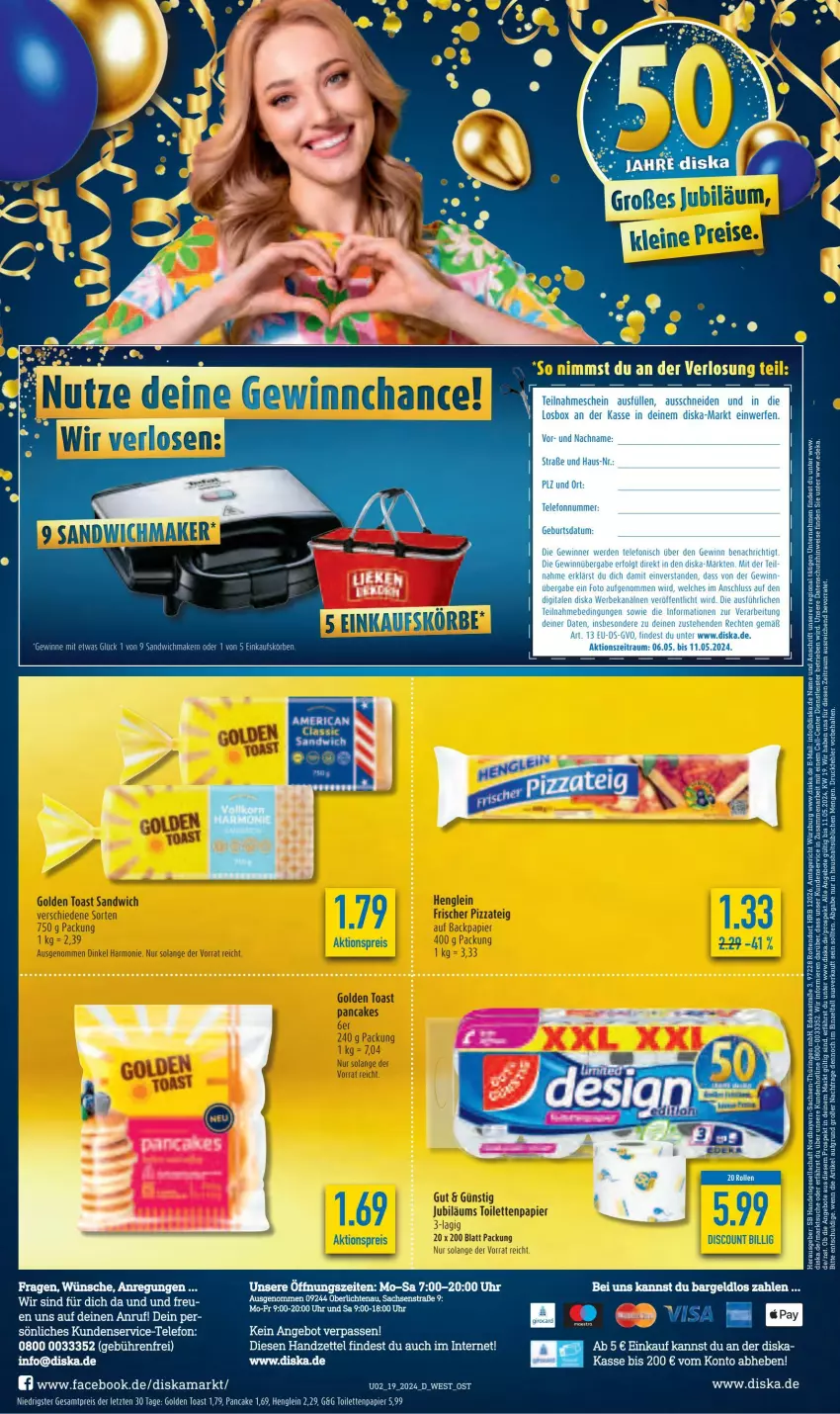 Aktueller Prospekt Diska - von 29.04 bis 04.05.2024 - strona 2 - produkty: aktionspreis, angebot, angebote, Astra, deka, eis, ente, golden toast, henglein, Jubiläums, papier, reis, ring, sac, telefon, Ti, toast, toilettenpapier, uhr, ZTE