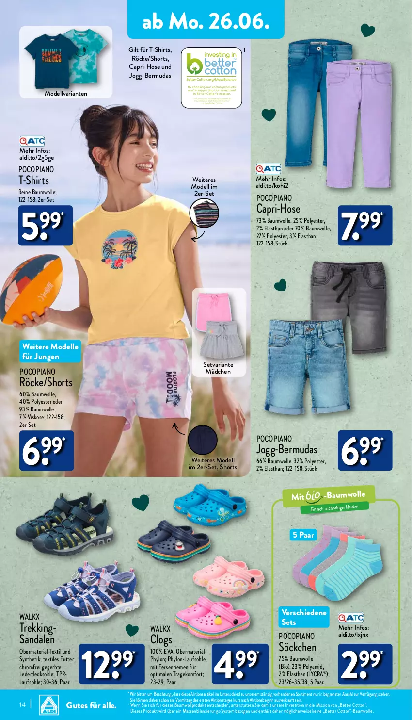 Aktueller Prospekt Aldi Nord - ALDI Aktuell - von 26.06 bis 01.07.2023 - strona 14 - produkty: aldi, Bau, baumwolle, bermuda, bermudas, bett, bio, Cap, Clogs, decksohle, dell, eis, elle, erde, gin, hose, Hylo, kleid, Mode, pocopiano, reine baumwolle, Ria, Röcke, rwe, sandale, sandalen, shirt, shirts, shorts, söckchen, T-Shirt, Ti, walkx, wolle, ZTE