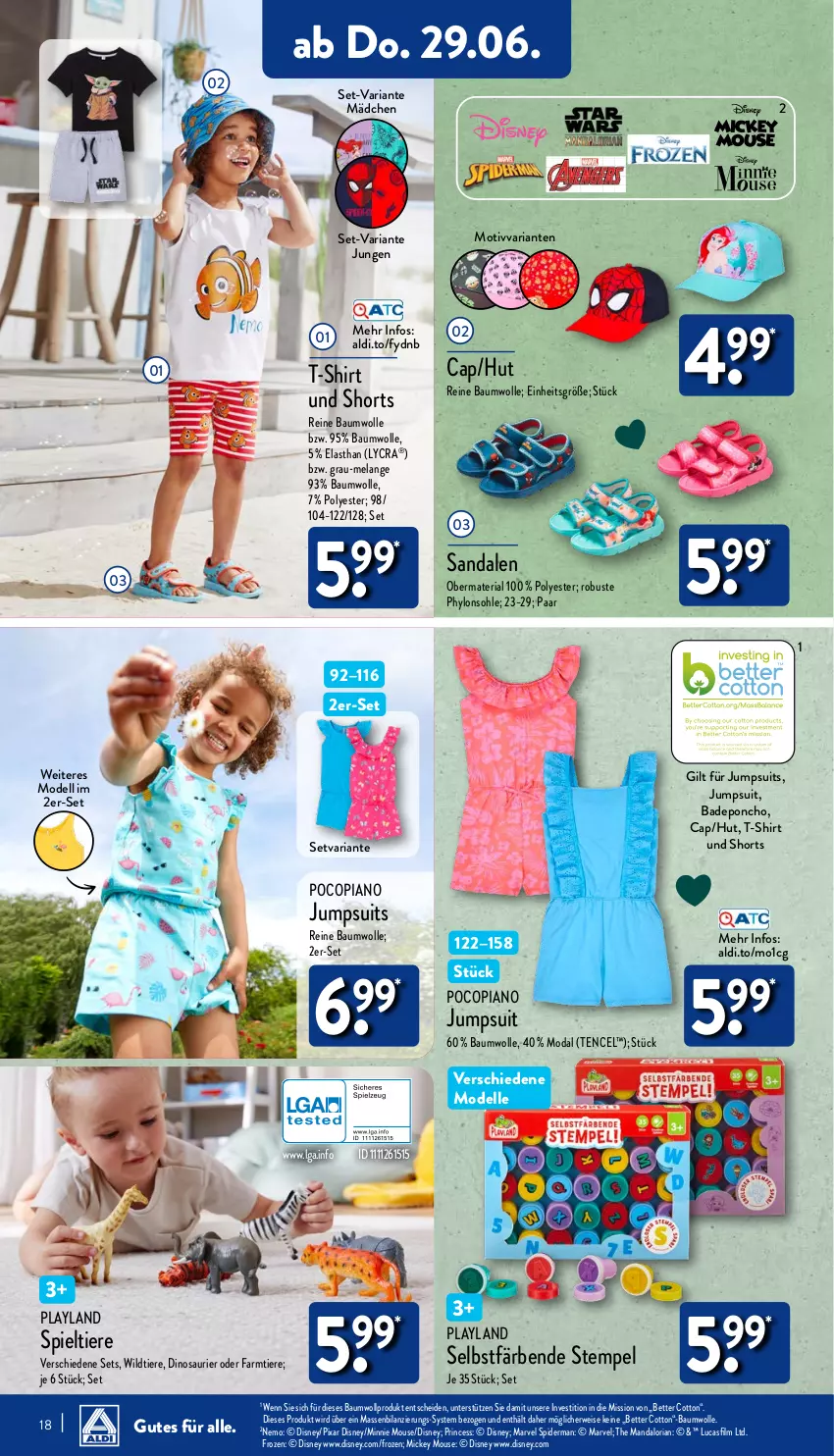 Aktueller Prospekt Aldi Nord - ALDI Aktuell - von 26.06 bis 01.07.2023 - strona 18 - produkty: aldi, Bad, Bau, baumwolle, bett, Cap, dell, disney, eis, Elan, elle, Hylo, jumpsuit, LG, Mode, pocopiano, reine baumwolle, Ria, rwe, sandale, sandalen, shirt, shorts, Spieltiere, T-Shirt, Ti, Tiere, Wild, wolle