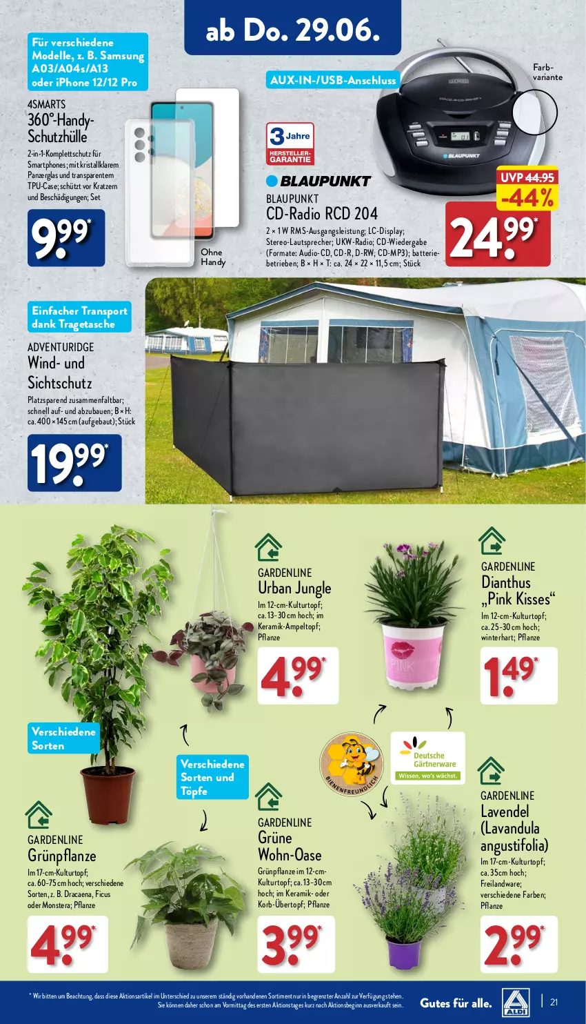 Aktueller Prospekt Aldi Nord - ALDI Aktuell - von 26.06 bis 01.07.2023 - strona 21 - produkty: batterie, Bau, blaupunkt, Blüte, Brei, dell, eis, elle, ente, Ficus, gin, Handy, iphone, IPhone 12, korb, kulturtopf, lautsprecher, lavendel, Mode, monster, Monstera, Mp3, pflanze, Radio, Ria, Samsung, schutzhülle, smartphone, smartphones, Sport, Tasche, Ti, topf, tragetasche, übertopf, usb, ZTE