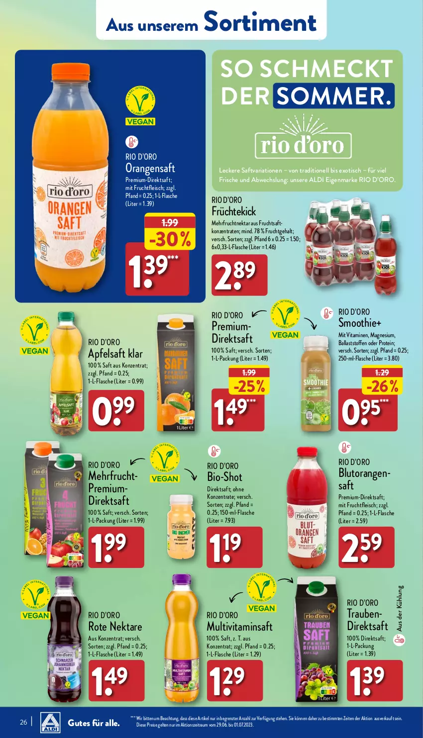 Aktueller Prospekt Aldi Nord - ALDI Aktuell - von 26.06 bis 01.07.2023 - strona 26 - produkty: aldi, apfel, apfelsaft, ball, bio, Blutorange, direktsaft, eis, flasche, fleisch, frucht, früchte, fruchtfleisch, fruchtsaft, magnesium, mit frucht, Multivitaminsaft, Nektar, orange, orangen, orangensaft, reis, Ria, saft, smoothie, Ti, tisch, trauben, vita, Vitamine, ZTE