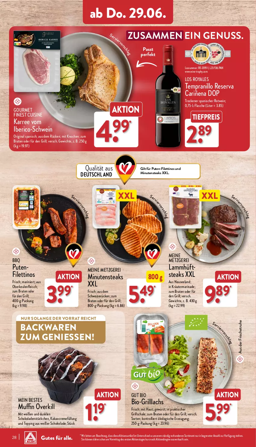 Aktueller Prospekt Aldi Nord - ALDI Aktuell - von 26.06 bis 01.07.2023 - strona 28 - produkty: backwaren, bio, braten, creme, eis, Elan, filet, flasche, fleisch, gewürz, gin, grill, kakao, kräuter, lachs, lamm, marinade, minutensteaks, Muffin, nuss, pute, reis, rotwein, Schal, Schale, schoko, schokolade, schokoladen, schwein, schweine, schweinerücken, steak, steaks, tempranillo, Ti, tiefpreis, tisch, trolli, wein, weine, ZTE