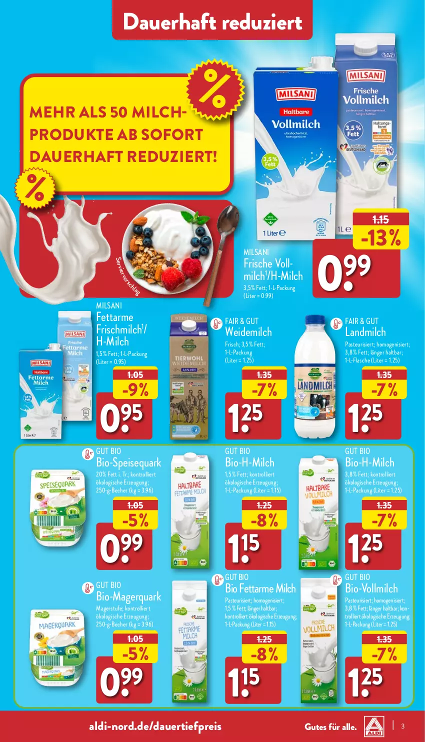 Aktueller Prospekt Aldi Nord - ALDI Aktuell - von 26.06 bis 01.07.2023 - strona 3 - produkty: aldi, auer, Becher, bio, dauertiefpreis, eis, flasche, landmilch, milch, quark, reis, speisequark, Ti, tiefpreis, trolli, vollmilch, weidemilch