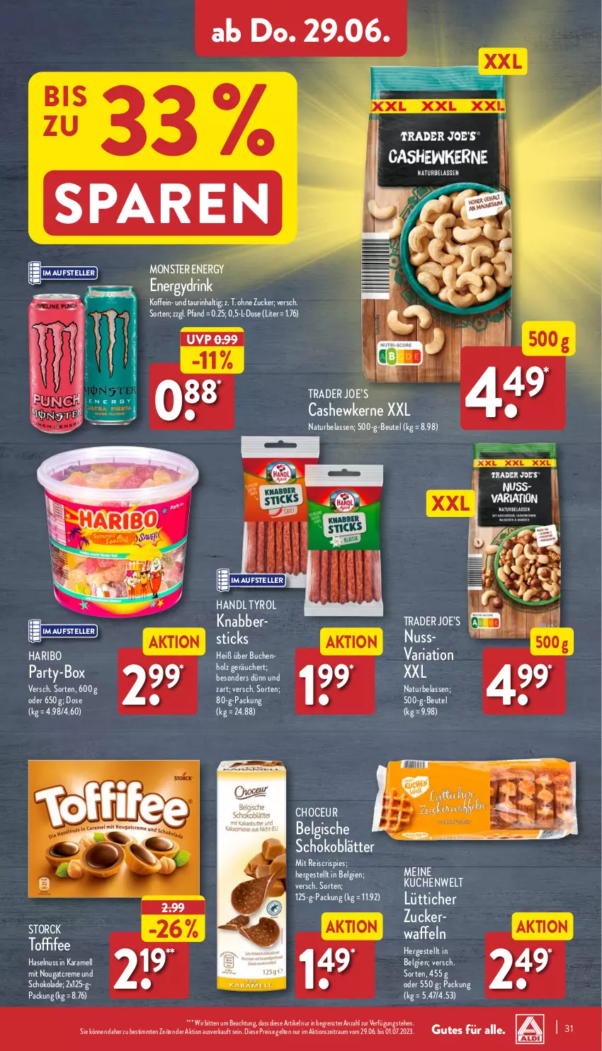 Aktueller Prospekt Aldi Nord - ALDI Aktuell - von 26.06 bis 01.07.2023 - strona 31 - produkty: beutel, buch, Cashew, cashewkerne, creme, drink, eis, elle, haribo, haselnuss, Holz, karamell, kuchen, LG, monster, Monster Energy, natur, Nougatcreme, nuss, reis, Ria, schoko, schokolade, storck, teller, Ti, toffifee, waffeln, ZTE, zucker