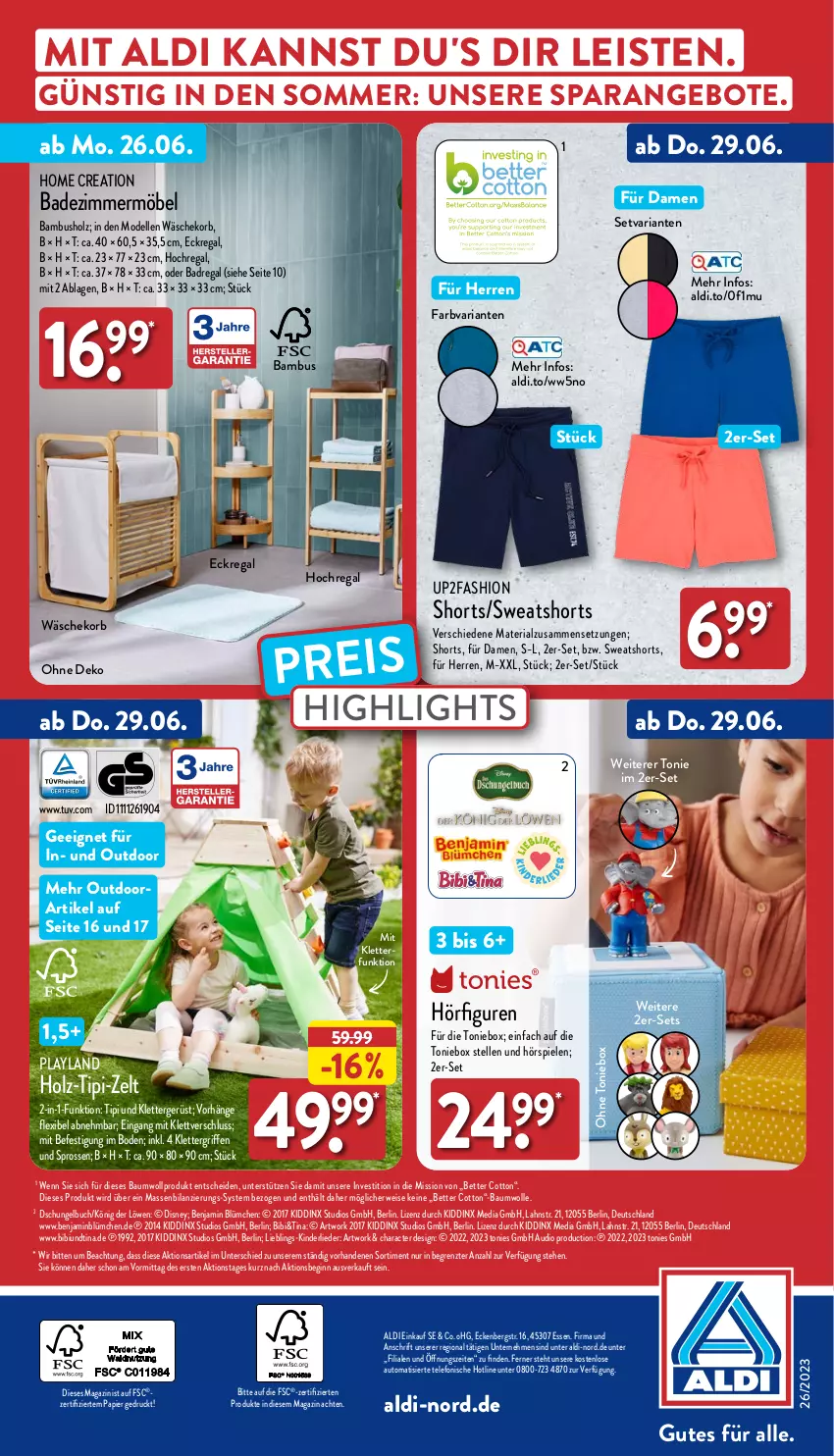 Aktueller Prospekt Aldi Nord - ALDI Aktuell - von 26.06 bis 01.07.2023 - strona 37 - produkty: aldi, angebot, angebote, auto, Bad, Badregal, bambus, Bau, baumwolle, bett, buch, dell, disney, Eckregal, eis, elle, gin, Holz, Kinder, König der Löwen, korb, magazin, möbel, Mode, papier, regal, reis, Ria, rwe, shorts, Spiele, sweatshorts, telefon, Ti, Tipi, Toniebox, up2fashion, wäschekorb, wolle, Zelt, ZTE