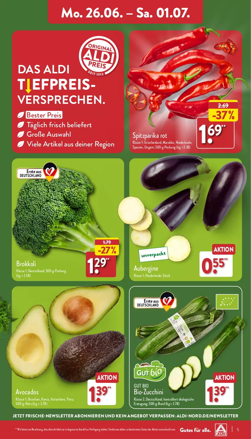 Aktueller Prospekt Aldi Nord - ALDI Aktuell - von 26.06 bis 01.07.2023 - strona 5 - produkty: aldi, angebot, aubergine, avocado, avocados, bio, bio-zucchini, brokkoli, eis, gin, reis, Ti, trolli, ZTE, zucchini