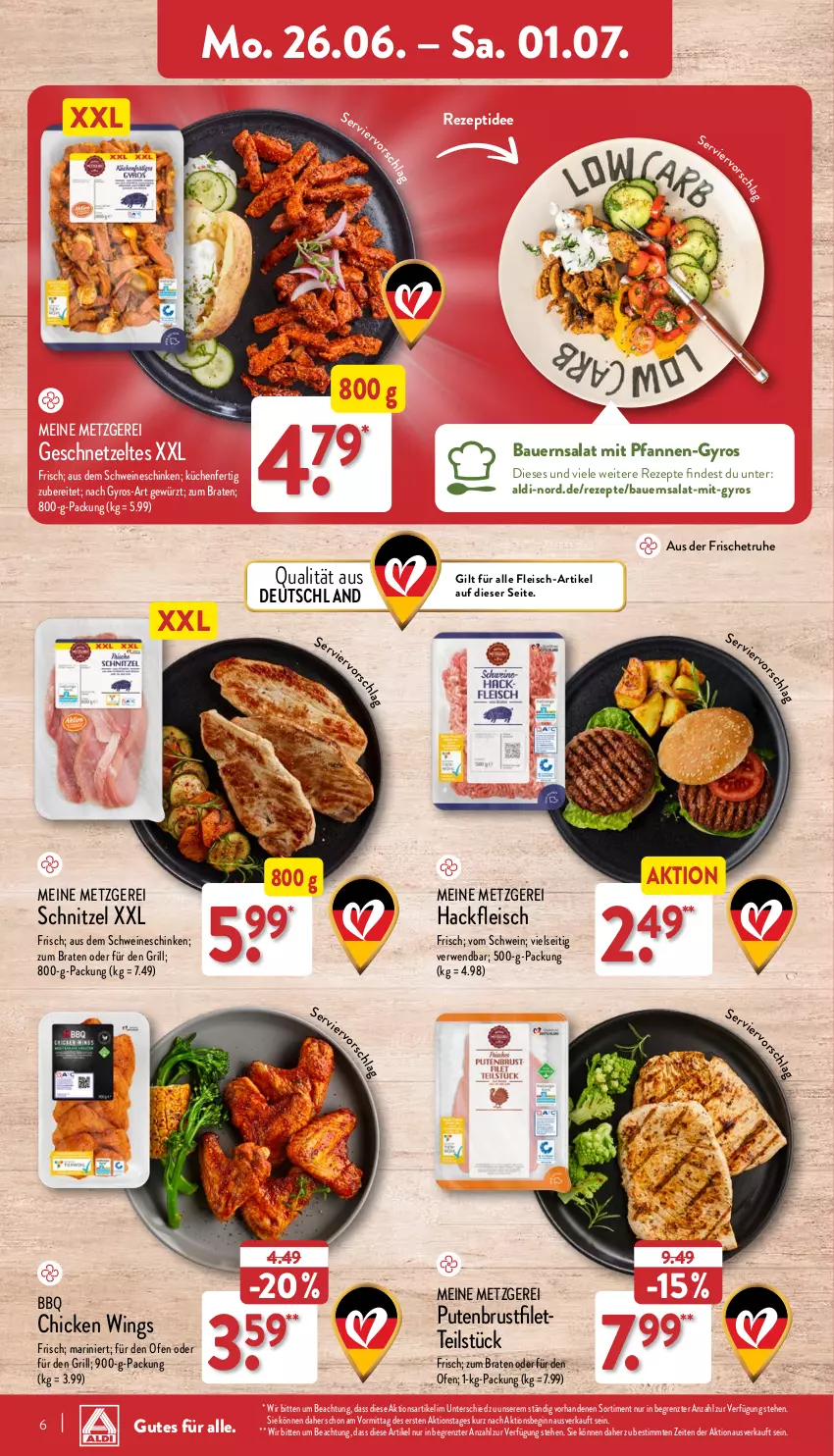 Aktueller Prospekt Aldi Nord - ALDI Aktuell - von 26.06 bis 01.07.2023 - strona 6 - produkty: aldi, auer, Bau, Bauer, Bauernsalat, braten, chicken wings, eis, filet, fleisch, geschnetzeltes, gewürz, gin, grill, gyros, hackfleisch, küche, Küchen, Ofen, pfanne, pfannen, pute, putenbrust, rezept, rezepte, rwe, salat, schinken, schnitzel, schwein, schweine, Ti, wein, weine, Zelt, ZTE