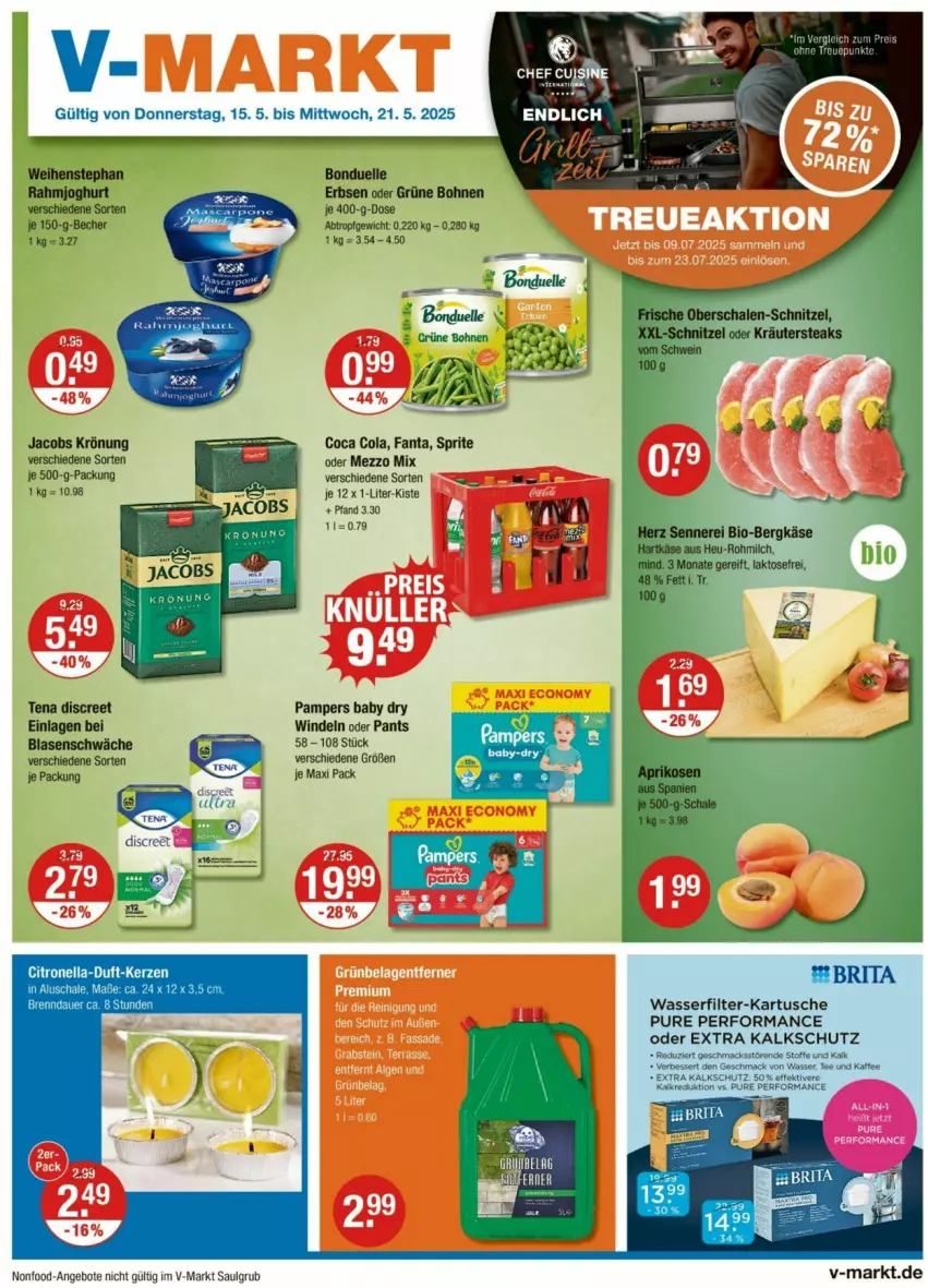 Aktueller Prospekt Vmarkt - Prospekte - von 15.05 bis 21.05.2025 - strona 1 - produkty: angebot, angebote, Becher, bohne, bohnen, bonduelle, brita, cola, Discreet, elle, erbsen, fanta, grüne bohnen, jacobs, jacobs krönung, kaffee, kerze, LG, mac, Mezzo Mix, pampers, pampers baby dry, Pants, sprite, tee, Ti, wasser, wasserfilter, windeln, windeln oder pants