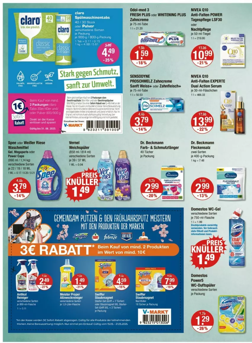 Aktueller Prospekt Vmarkt - Prospekte - von 15.05 bis 21.05.2025 - strona 10 - produkty: anti-falten experte, creme, domestos, Dr. Beckmann, eis, febreze, fleisch, Meister, meister proper, nachtpflege, nivea, Odol, Odol-med 3, rum, salz, sensodyne, Serum, Tagespflege, Ti, tücher, vernel, wc-gel, weichspüler, zahncreme