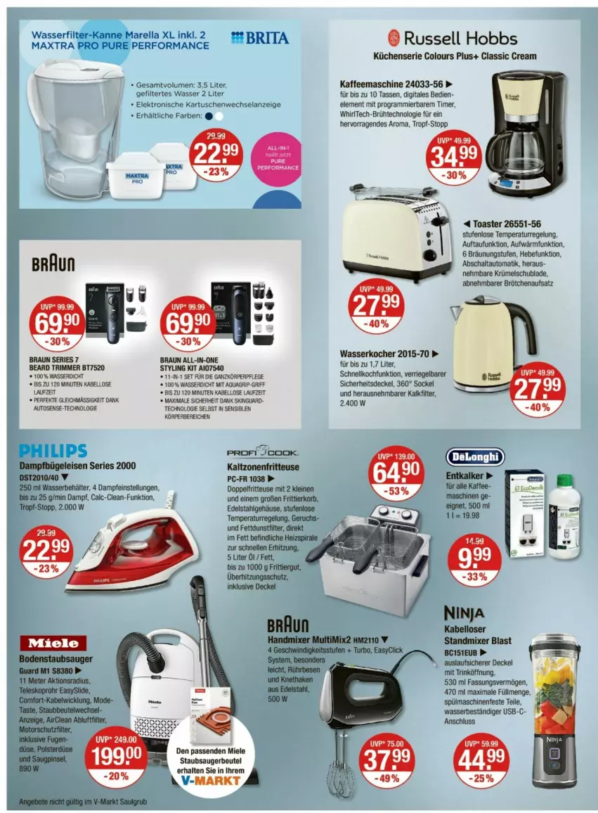 Aktueller Prospekt Vmarkt - Prospekte - von 15.05 bis 21.05.2025 - strona 20 - produkty: aqua, auto, Behälter, brita, brötchen, brötchenaufsatz, bügel, Bügeleisen, dampfbügeleisen, decke, Deckel, edelstahl, eis, Elan, Elektro, fritteuse, Frittierkorb, kaffee, kaffeemaschine, Kocher, korb, körperpflege, küche, Küchen, leine, LG, Maxtra, Mixer, Philips, rel, riegel, russell hobbs, Schal, skinguard, spülmaschinen, standmixer, tasse, Ti, timer, toast, toaster, usb, wasser, wasserfilter, wasserkocher