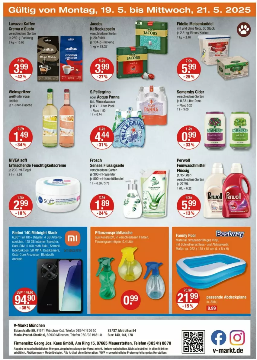 Aktueller Prospekt Vmarkt - Prospekte - von 15.05 bis 21.05.2025 - strona 24 - produkty: alle artikel ohne dekoration, Alwa, angebot, angebote, auer, beutel, cider, creme, dekoration, dell, eimer, eis, elle, feinwaschmittel, feuchtigkeitscreme, flasche, flüssigseife, Frosch, je 1-liter-flasche, kaes, kamera, Knödel, lack, Meisenknödel, Metro, mineralwasser, Mode, nivea, obst, perwoll, reis, Ria, ring, Seife, somersby, telefon, teller, Ti, waschmittel, wasser, wein