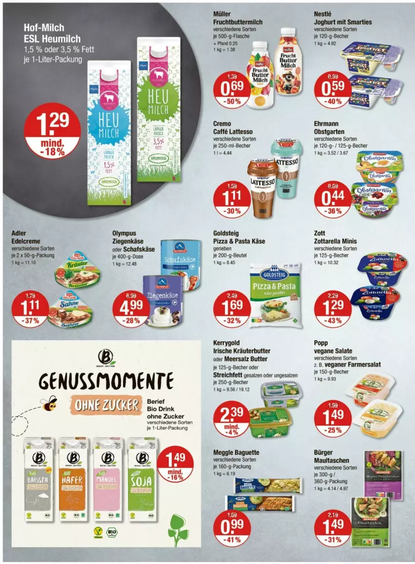 Aktueller Prospekt Vmarkt - Prospekte - von 15.05 bis 21.05.2025 - strona 6 - produkty: baguette, Becher, beutel, butter, caffe, creme, edelcreme, ehrmann, Garten, goldsteig, Käse, kerrygold, kräuter, kräuterbutter, latte, lattesso, maultaschen, meersalz, meggle, milch, nuss, obst, obstgarten, pasta, pizza, Popp, rel, salat, salate, salz, schafskäse, Tasche, taschen, ziegenkäse, zott, zottarella, zottarella minis, zucker