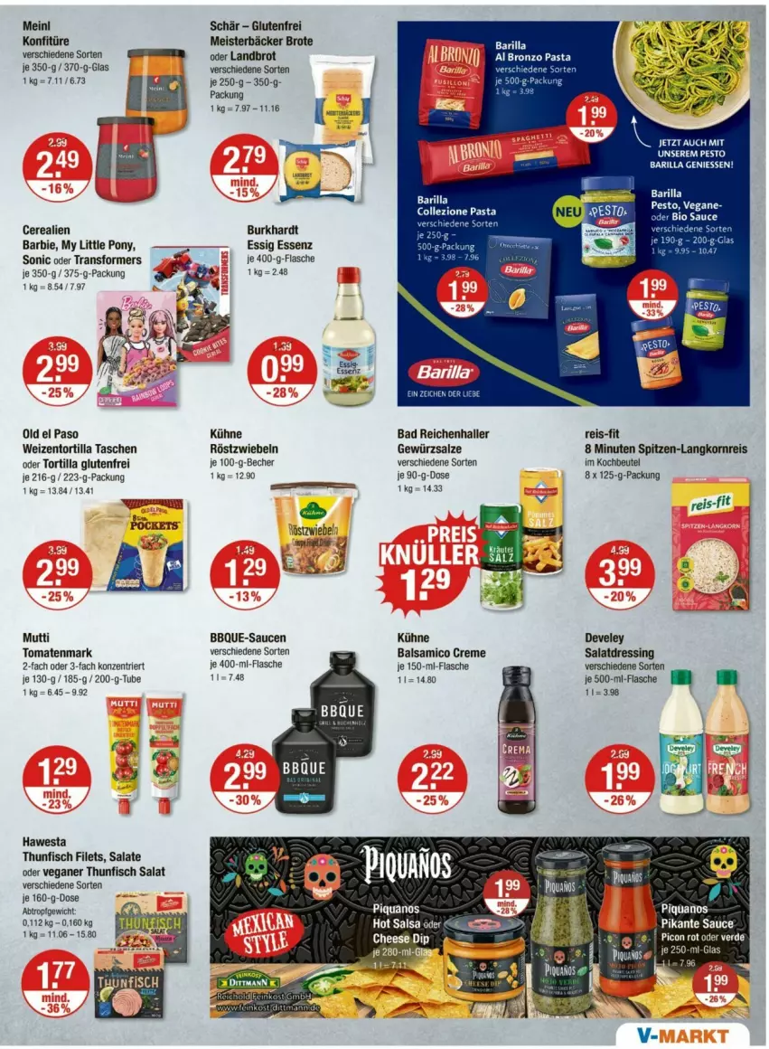 Aktueller Prospekt Vmarkt - Prospekte - von 15.05 bis 21.05.2025 - strona 7 - produkty: Bad, balsam, balsamico, Barbie, barilla, Becher, beutel, brot, cerealien, creme, develey, dressing, eis, essig, filet, filets, fisch, flasche, gewürz, gewürzsalz, hawesta, kochbeutel, konfitüre, korn, Kühne, Langkornreis, Meister, Mutti, reis, reis-fit, röstzwiebeln, salat, salatdressing, salate, Salsa, salz, sauce, saucen, spitzen-langkorn, Tasche, taschen, thunfisch, thunfisch filets, thunfisch salat, Ti, tomate, tomaten, tomatenmark, tortilla, zwiebel, zwiebeln