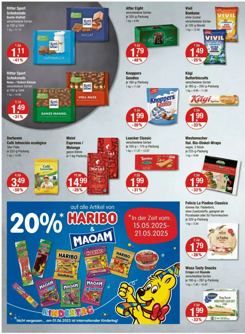 Aktueller Prospekt Vmarkt - Prospekte - von 15.05 bis 21.05.2025 - strona 8 - produkty: after eight, beutel, bio, bohne, bonbons, brot, butter, darbo, darboven, eis, Elan, espresso, Fladenbrot, flammkuchen, Kägi, Kinder, knoppers, kuchen, lamm, mac, mestemacher, pizza, schoko, schokolade, snack, snacks, Ti, wasa, wrap, wraps, zucker
