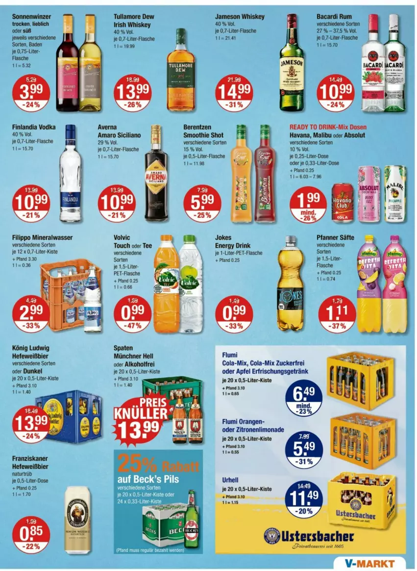 Aktueller Prospekt Vmarkt - Prospekte - von 15.05 bis 21.05.2025 - strona 9 - produkty: alkohol, Alwa, amaro, apfel, auer, averna, bacardi, bacardi rum, Bad, berentzen, bier, cola, drink, energy drink, erfrischungsgetränk, flasche, franziskaner, getränk, Hefe, limo, limonade, Malibu, mineralwasser, natur, orange, orangen, pet-flasche, rum, smoothie, Spaten, tee, tullamore, tullamore dew, vodka, volvic, wasser, zitrone, zitronen, zucker