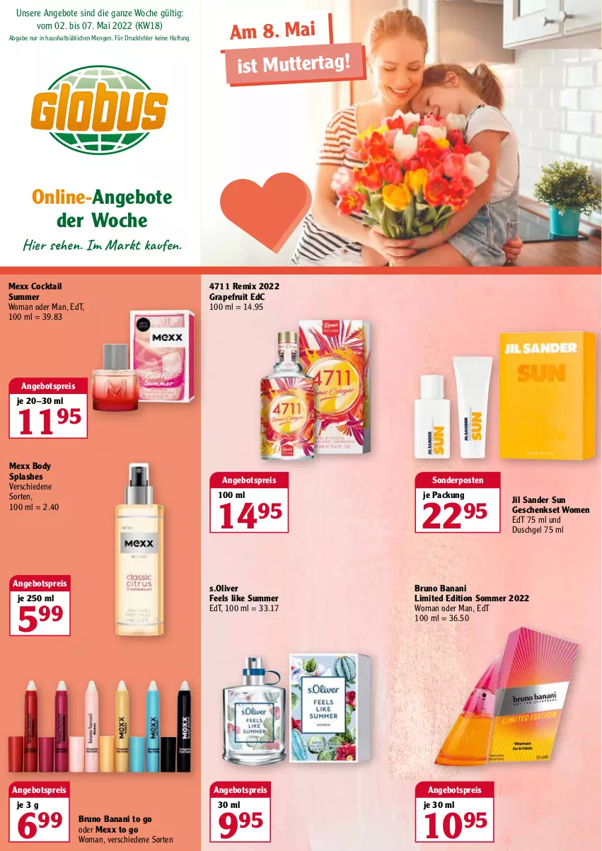 Aktueller Prospekt Globus - Prospekte - von 02.05 bis 07.05.2022 - strona 1 - produkty: angebot, angebote, angebotspreis, body, bruno banani, cocktail, duschgel, eis, geschenkset, grapefruit, jil sander, Mexx, olive, reis, s.oliver, sonderposten, Ti