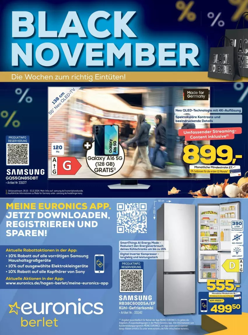 Aktueller Prospekt Euronics - Prospekte - von 04.11 bis 30.11.2024 - strona 1 - produkty: Elektro, elle, ente, Germ, kompressor, kopfhörer, kühlschrank, LG, Mode, qled, Rauch, Samsung, Schrank, sony, tee, Ti