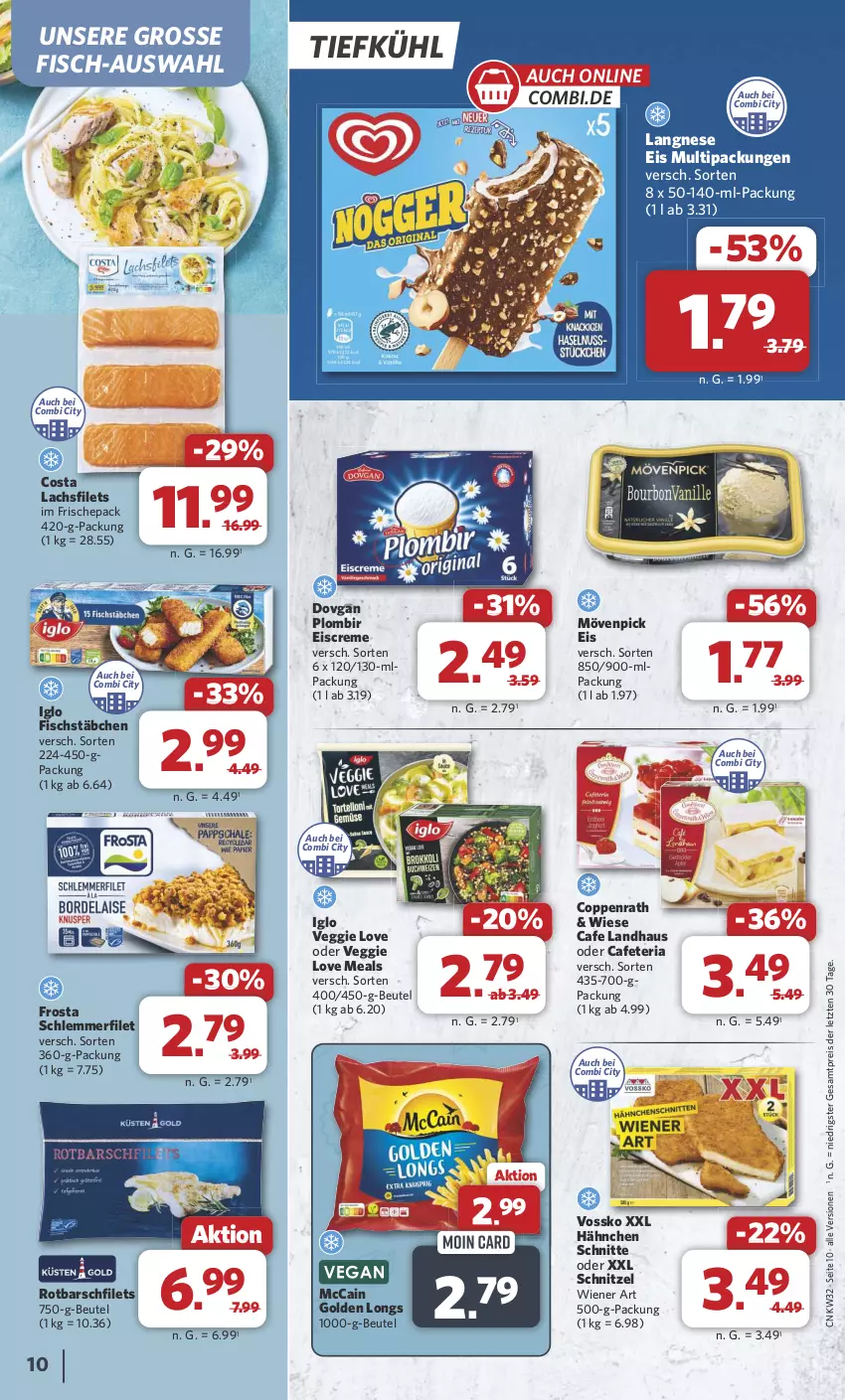 Aktueller Prospekt Combi - Prospekte - von 05.08 bis 10.08.2024 - strona 13 - produkty: beutel, coppenrath, creme, dovgan, eis, eiscreme, filet, filets, fisch, fischstäbchen, frosta, Golden Longs, iglo, lachs, lachsfilet, lachsfilets, langnese, langnese eis, mccain, mövenpick, mövenpick eis, reis, Ria, Rotbarsch, rotbarschfilet, schlemmerfilet, schnitzel, Ti, veggie, Veggie Love, vossko, wiener, ZTE