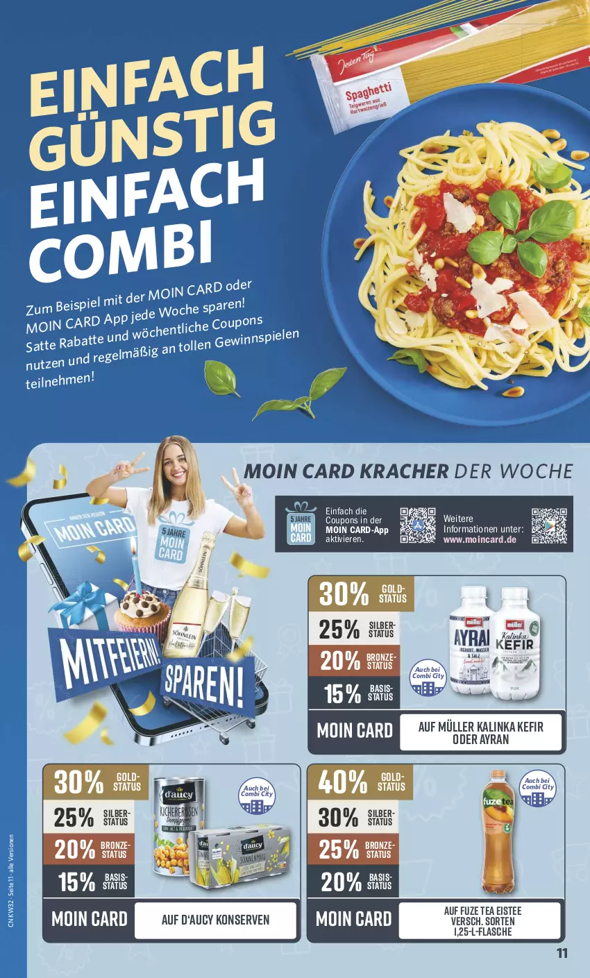 Aktueller Prospekt Combi - Prospekte - von 05.08 bis 10.08.2024 - strona 14 - produkty: Ayran, coupon, coupons, eis, eistee, flasche, fuze tea, Kefir, Konserven, kracher, Müller, Spiele, tee, Ti