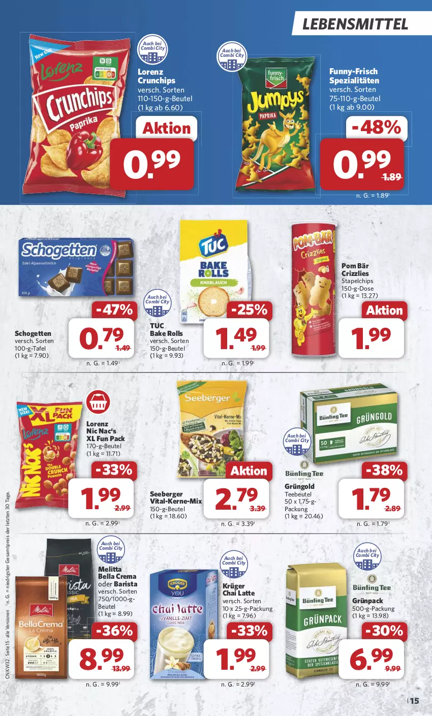 Aktueller Prospekt Combi - Prospekte - von 05.08 bis 10.08.2024 - strona 18 - produkty: bella crema, Berger, beutel, chips, crunchips, eis, funny-frisch, krüger, latte, lebensmittel, lorenz, lorenz crunchips, melitta, reis, schogetten, seeberger, Spezi, tee, Teebeutel, Ti, tuc, vita, ZTE