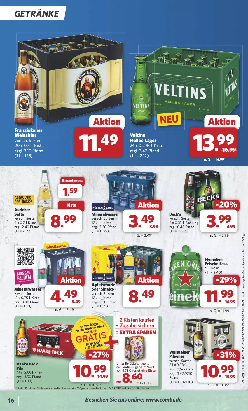 Aktueller Prospekt Combi - Prospekte - von 05.08 bis 10.08.2024 - strona 19 - produkty: Alwa, apfel, Apfelschorle, bier, eis, elle, flasche, franziskaner, getränk, getränke, glasflasche, heineken, mineralwasser, pils, pilsener, reis, säfte, schorle, sinalco, steiner, Ti, veltins, warsteiner, wasser, weissbier, ZTE