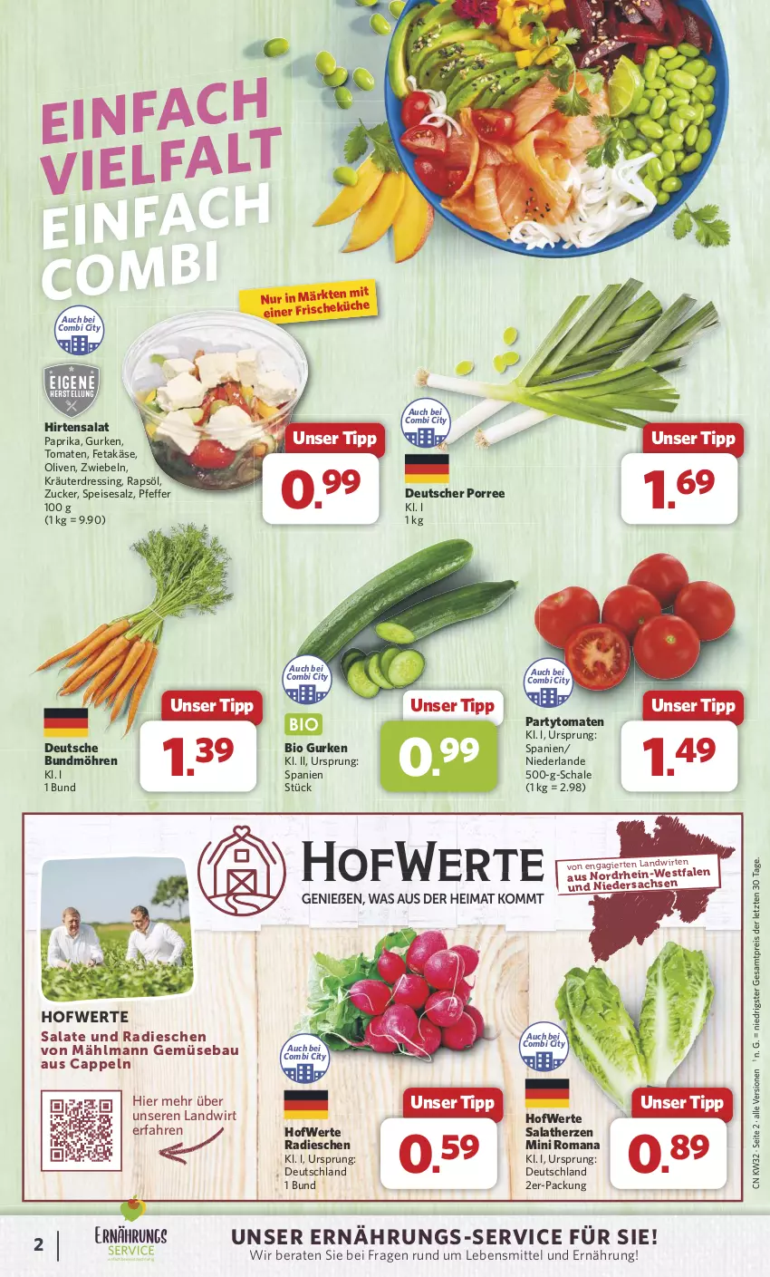 Aktueller Prospekt Combi - Prospekte - von 05.08 bis 10.08.2024 - strona 2 - produkty: Bau, bio, bio gurken, Bundmöhren, Cap, dressing, eis, feta, gurke, gurken, Käse, kräuter, lebensmittel, möhren, olive, oliven, paprika, pfeffer, radieschen, rapsöl, reis, sac, salat, salate, salatherzen, salz, Schal, Schale, Ti, tomate, tomaten, ZTE, zucker, zwiebel, zwiebeln