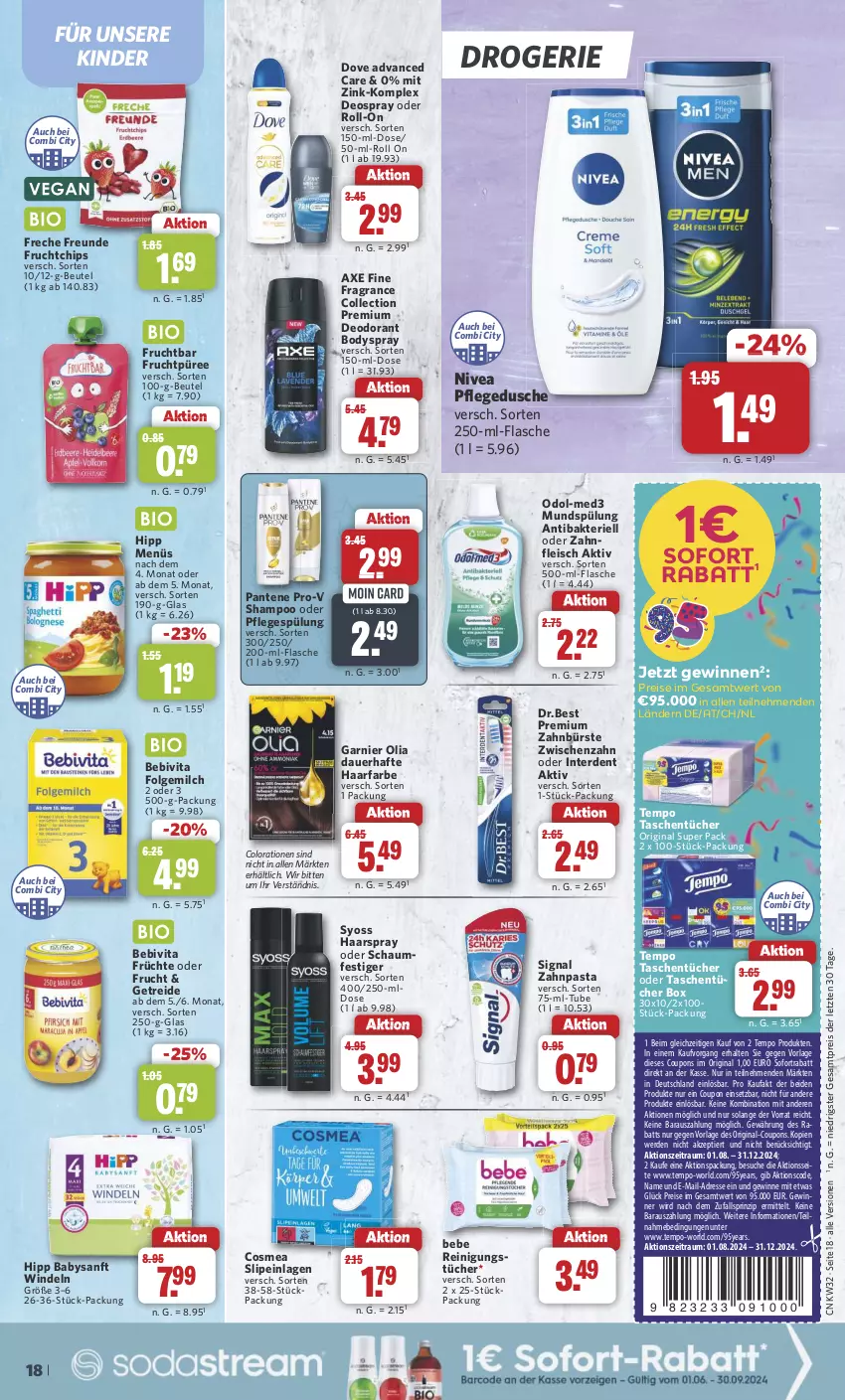 Aktueller Prospekt Combi - Prospekte - von 05.08 bis 10.08.2024 - strona 21 - produkty: auer, axe, Bebe, bebivita, beutel, body, bodyspray, bürste, chips, Colorationen, cosmea, coupon, coupons, deo, deodorant, deospray, dove, dusche, eis, erde, flasche, fleisch, folgemilch, freche freunde, frucht, früchte, garnier, gin, haarspray, hipp, Kinder, LG, milch, mundspülung, nivea, oder schaumfestiger, Odol, pantene, pantene pro-v, pasta, pflegedusche, Pflegespülung, pro-v, püree, Reinigung, reinigungstücher, reis, roll-on, schaumfestiger, shampoo, Signal, slip, slipeinlagen, sofortrabatt, spülung, syoss, Tasche, taschen, taschentücher, Tempo, Ti, tücher, vita, windeln, Yo, zahnbürste, zahnpasta, ZTE