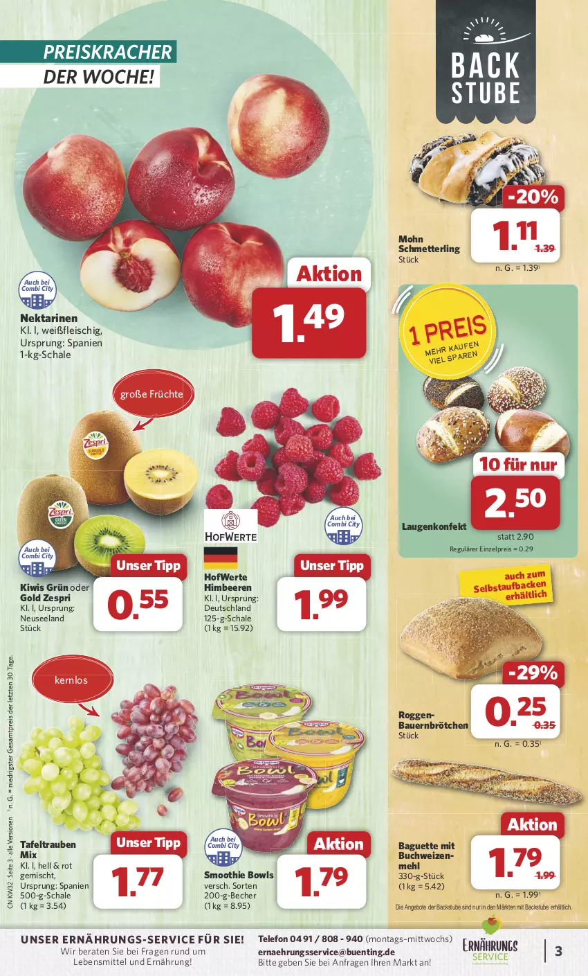 Aktueller Prospekt Combi - Prospekte - von 05.08 bis 10.08.2024 - strona 3 - produkty: angebot, angebote, auer, baguette, Bau, Bauer, Becher, beere, beeren, brötchen, buch, eis, Elan, fleisch, früchte, himbeer, himbeere, himbeeren, kiwi, kracher, lebensmittel, mehl, Mett, Nektar, nektarinen, reis, Schal, Schale, Schmetterling, smoothie, stube, tafeltrauben, telefon, Ti, trauben, weizenmehl, zespri, ZTE