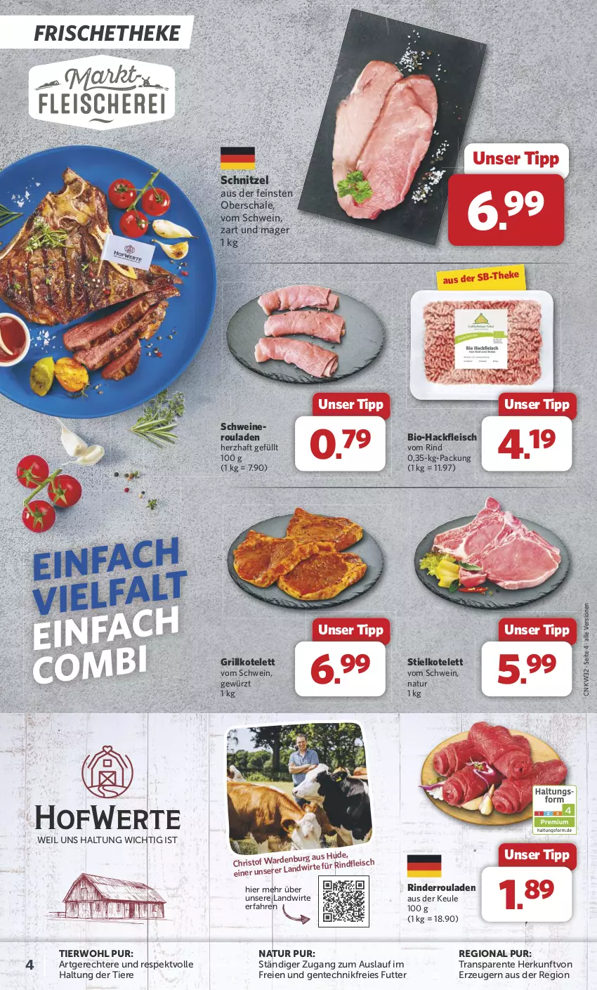 Aktueller Prospekt Combi - Prospekte - von 05.08 bis 10.08.2024 - strona 4 - produkty: bio, Bio-Hackfleisch, eis, ente, fleisch, gewürz, grill, grillkotelett, hackfleisch, kotelett, natur, nero, rind, rinder, Rinderroulade, rinderrouladen, rindfleisch, rouladen, Schal, Schale, schnitzel, schwein, schweine, Schweineroulade, Ti, Tiere, wein, weine