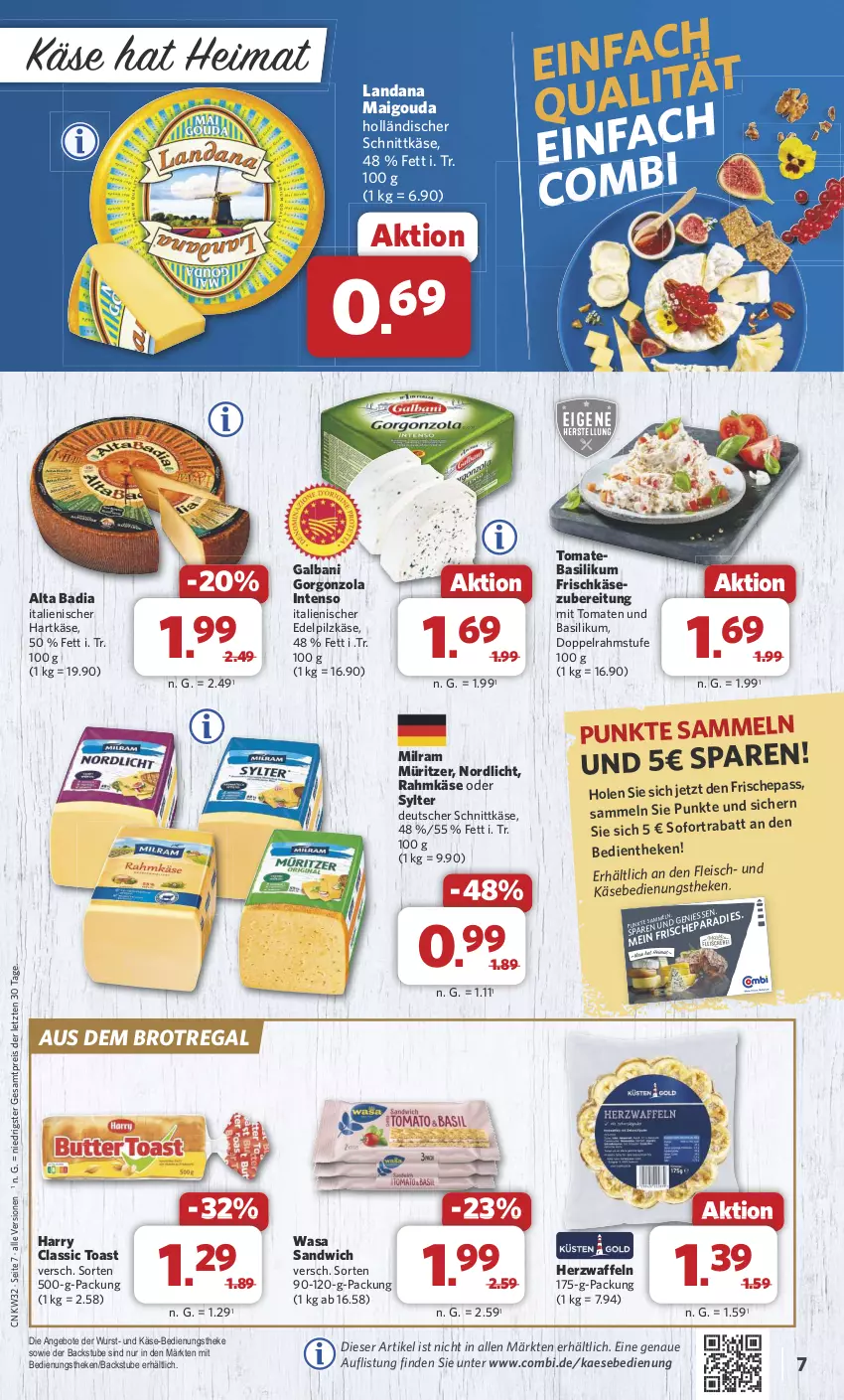 Aktueller Prospekt Combi - Prospekte - von 05.08 bis 10.08.2024 - strona 7 - produkty: angebot, angebote, Bad, basilikum, brot, deutscher schnittkäse, doppelrahmstufe, eis, fleisch, fleischkäse, frischkäse, frischkäsezubereitung, galbani, gorgonzola, gouda, hartkäse, holländischer schnittkäse, intenso, italienischer hartkäse, kaes, Käse, LG, milram, regal, reis, sandwich, schnittkäse, stube, Sylter, Ti, toast, tomate, tomaten, waffeln, wasa, wurst, ZTE