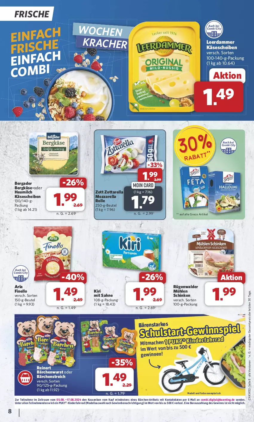 Aktueller Prospekt Combi - Prospekte - von 05.08 bis 10.08.2024 - strona 8 - produkty: arla, bergader, Bergkäse, beutel, dell, eis, Fahrrad, finello, Heu, heumilch, Käse, käsescheiben, Kinder, Kinderfahrrad, kiri, kracher, leerdammer, mac, milch, Mode, mozzarella, mozzarella rolle, mühlen schinken, reinert, reis, rel, rügenwalder, rügenwalder mühle, sahne, schinken, Ti, wurst, zott, zottarella, ZTE