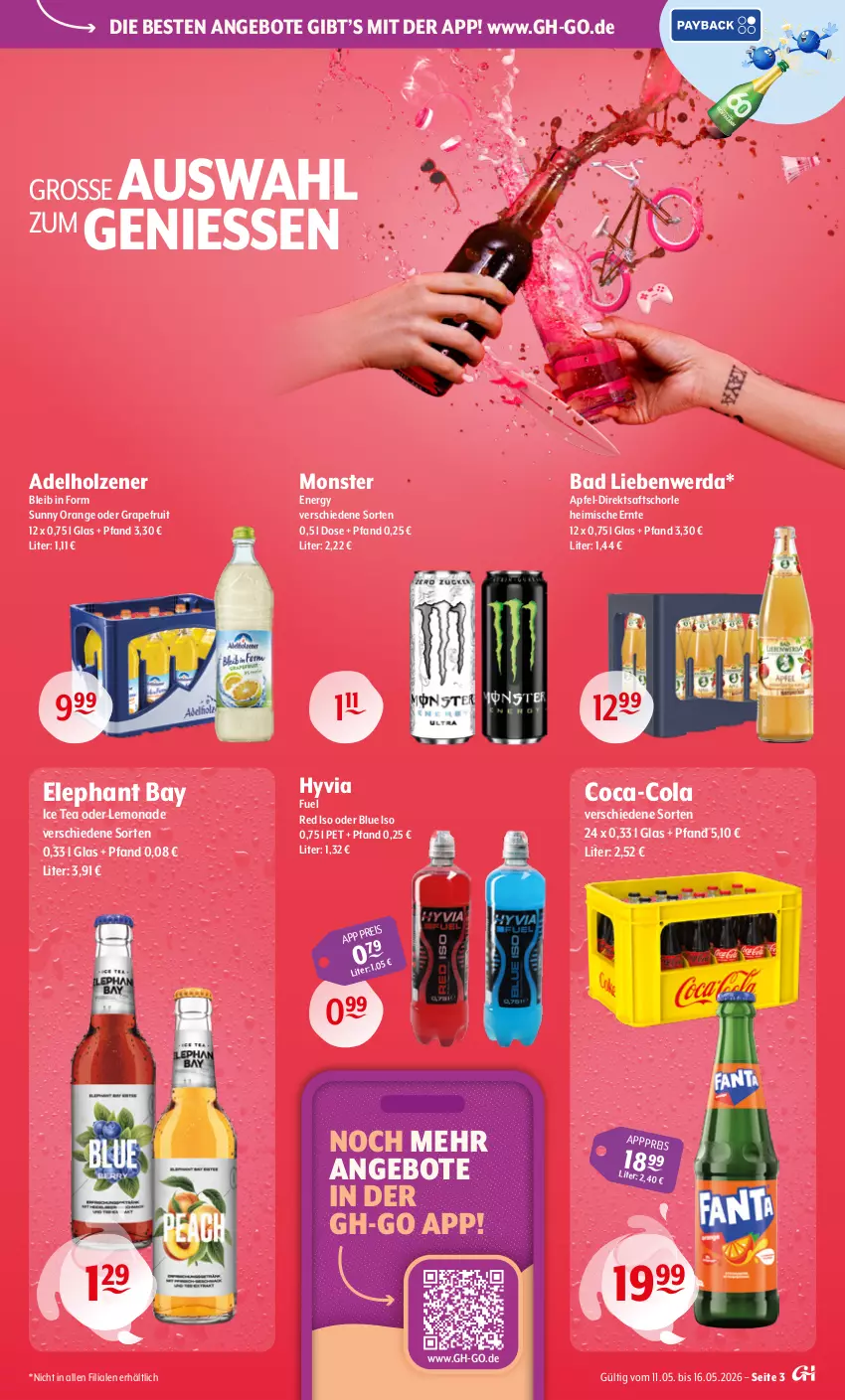 Aktueller Prospekt Getraenke Hoffmann - Prospekte - von 11.05 bis 16.05.2026 - strona 3 - produkty: adelholzener, angebot, angebote, apfel, Bad, Bad Liebenwerda, coca-cola, cola, direktsaft, eis, Elephant Bay, grapefruit, Holz, ice tea, lemonade, monster, orange, reis, saft, schorle, Ti