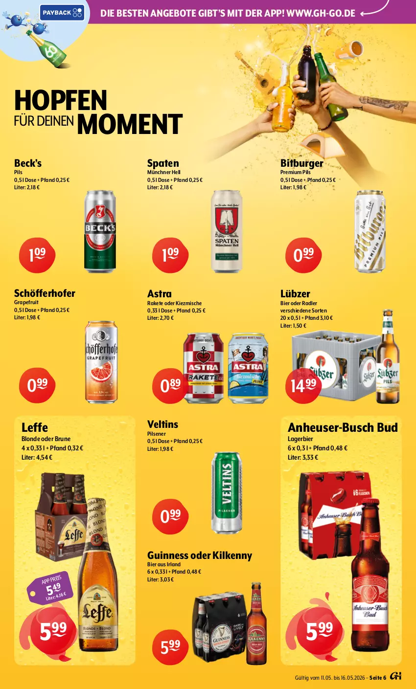 Aktueller Prospekt Getraenke Hoffmann - Prospekte - von 11.05 bis 16.05.2026 - strona 6 - produkty: angebot, angebote, Astra, bier, bitburger, burger, eis, grapefruit, Guinness, Heu, Kilkenny, Lagerbier, Lübzer, oder radler, pils, pilsener, premium pils, radler, schöfferhofer, Spaten, Ti, veltins
