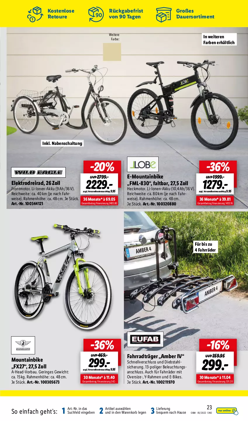 Aktueller Prospekt Lidl - Aktuelle Onlineshop-Highlights - von 01.05 bis 31.05.2022 - strona 23 - produkty: akku, Amber, auer, Bau, beleuchtung, Dreirad, E-Bike, E-Bikes, eis, Elektro, Fahrrad, korb, Mountainbike, ndk, ring, rwe, Schal, Ti