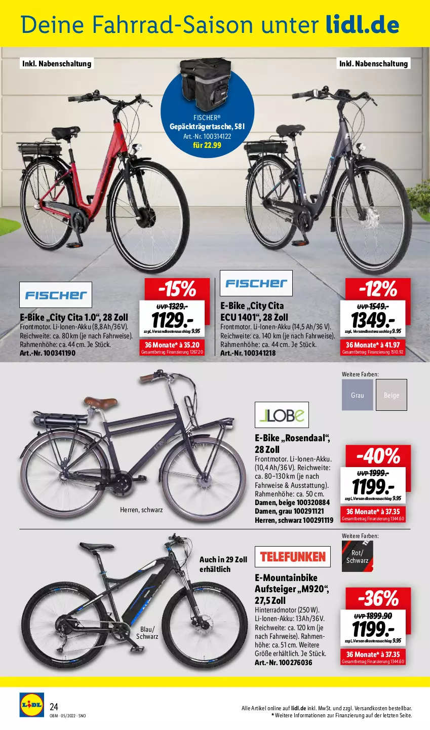 Aktueller Prospekt Lidl - Aktuelle Onlineshop-Highlights - von 01.05 bis 31.05.2022 - strona 24 - produkty: akku, E-Bike, eis, Fahrrad, fisch, fische, Fischer, Mountainbike, ndk, rosen, rwe, Schal, Tasche, Ti, ZTE