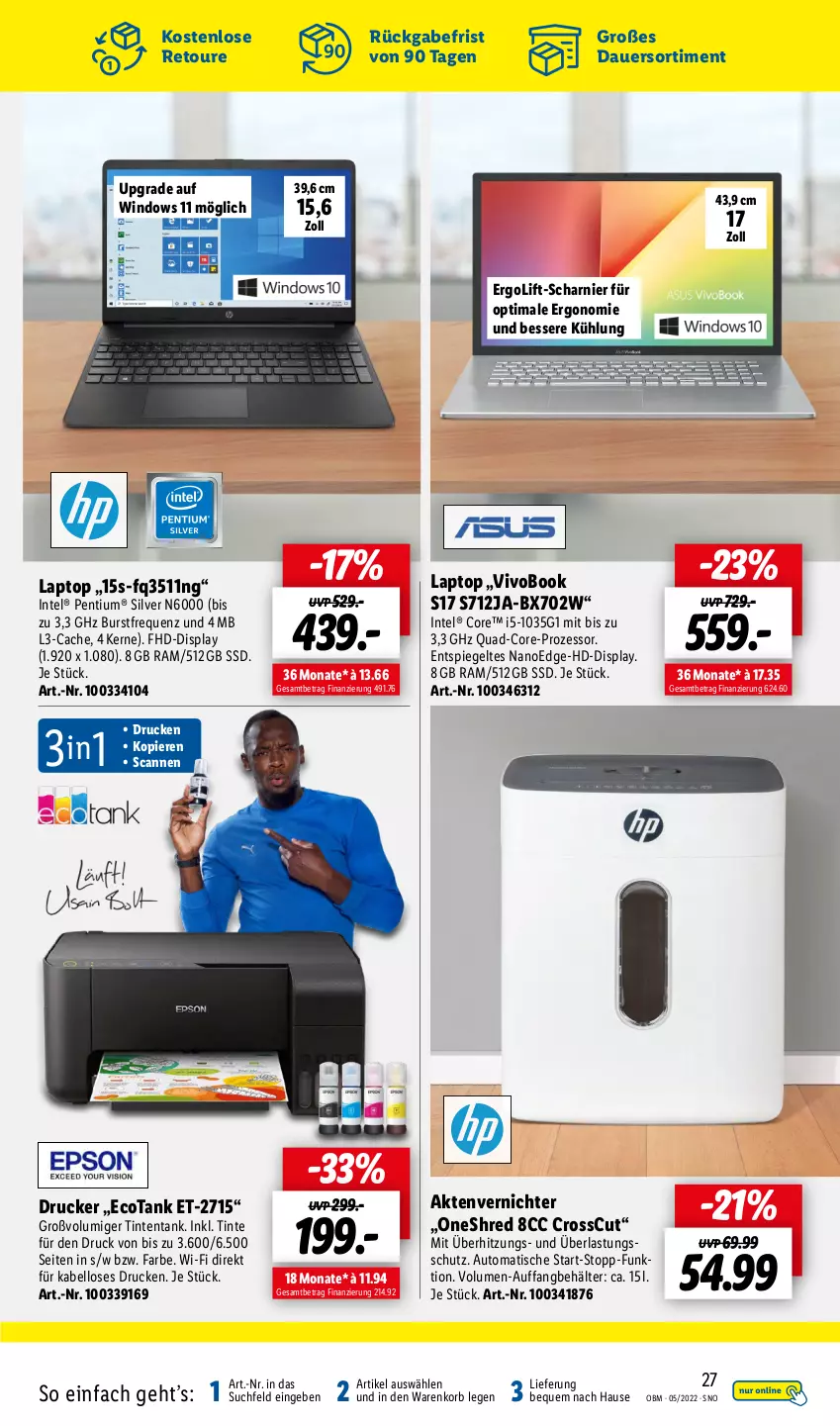 Aktueller Prospekt Lidl - Aktuelle Onlineshop-Highlights - von 01.05 bis 31.05.2022 - strona 27 - produkty: Aktenvernichter, auer, auto, Behälter, drucker, Intel, korb, Laptop, Pentium, quad, quad-core-prozessor, spiegel, ssd, Ti, tisch, VivoBook