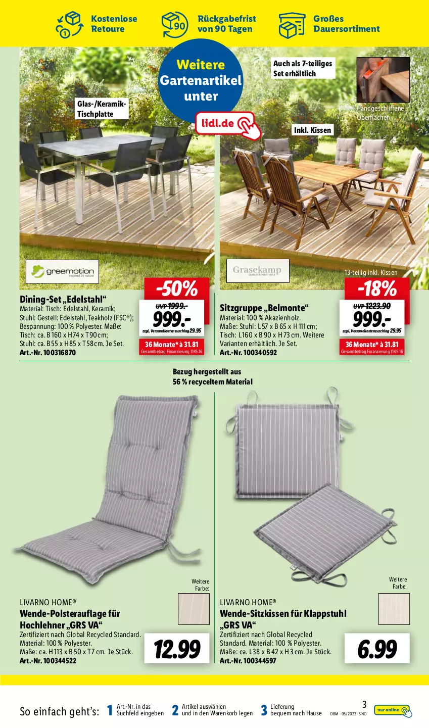 Aktueller Prospekt Lidl - Aktuelle Onlineshop-Highlights - von 01.05 bis 31.05.2022 - strona 3 - produkty: auer, edelstahl, Garten, Holz, HP, kissen, klappstuhl, korb, latte, monte, ndk, Ria, sitzkissen, stuhl, Ti, tisch, tischplatte