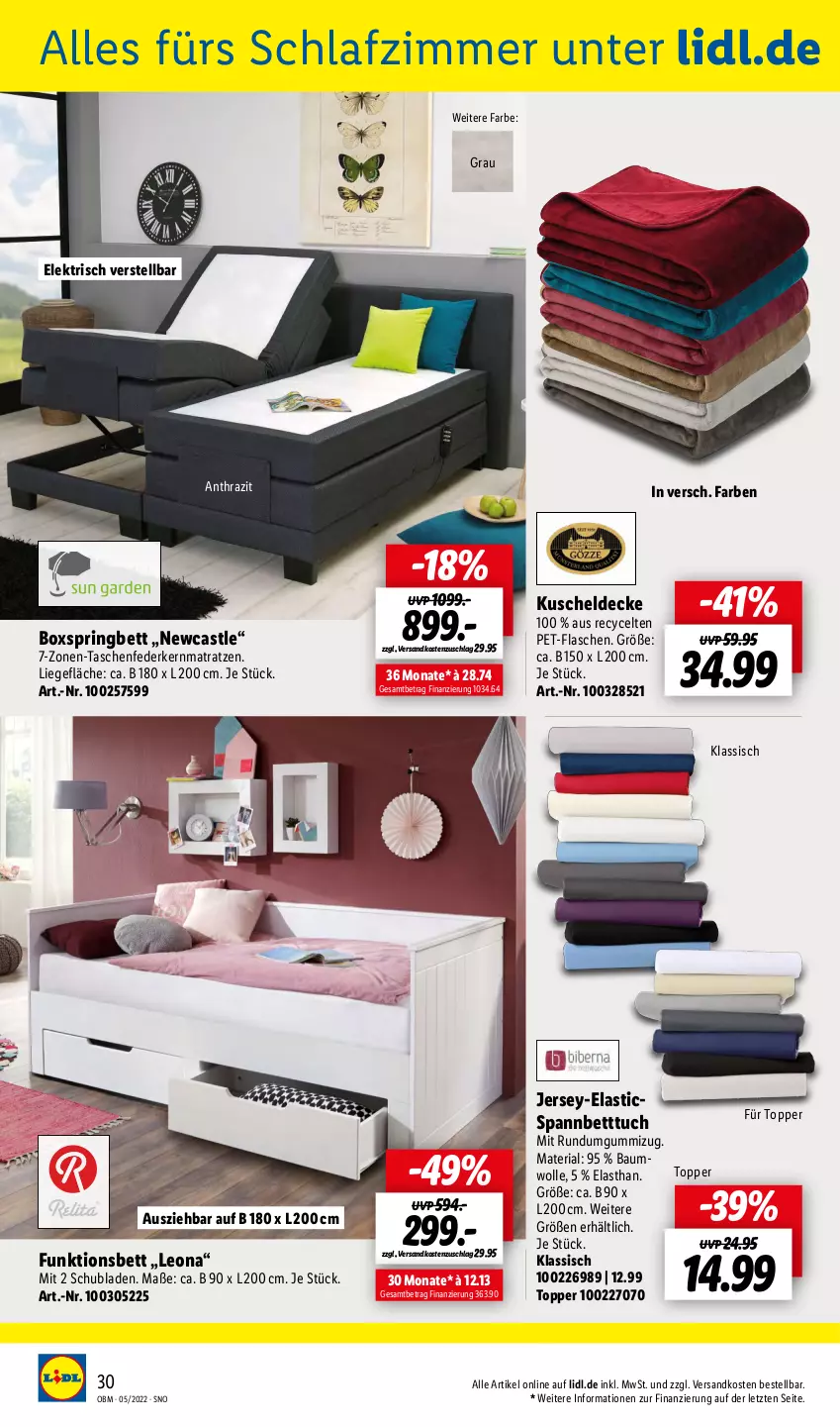 Aktueller Prospekt Lidl - Aktuelle Onlineshop-Highlights - von 01.05 bis 31.05.2022 - strona 30 - produkty: asti, Bau, bett, Betttuch, boxspringbett, decke, federkern, federkernmatratze, flasche, kernmatratze, kuscheldecke, Liege, matratze, matratzen, ndk, pet-flasche, pet-flaschen, Ria, ring, schlafzimmer, schubladen, spannbetttuch, Tasche, taschen, taschenfederkernmatratze, Ti, topper, tuc, wolle, ZTE