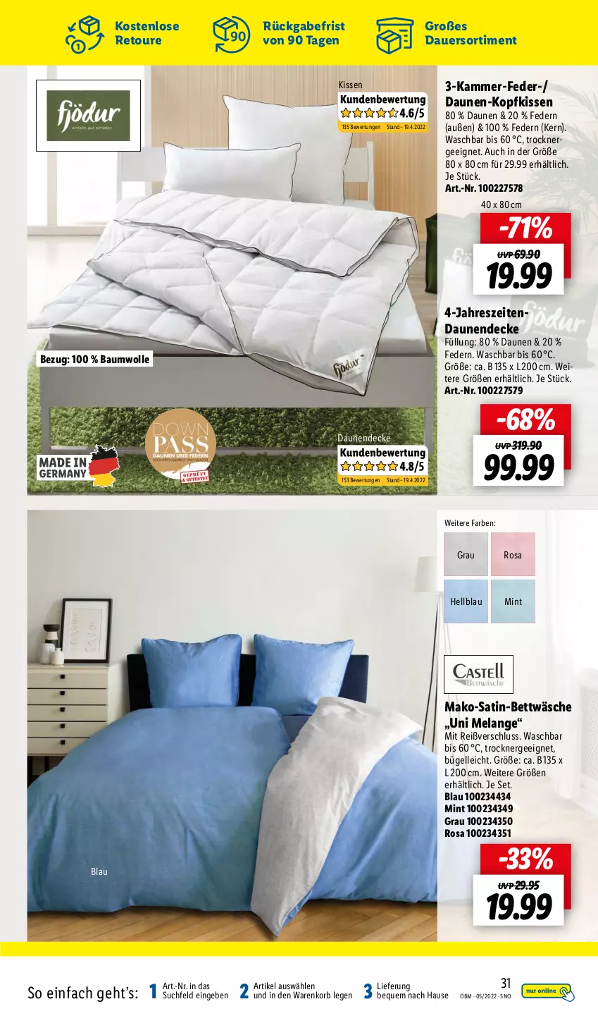 Aktueller Prospekt Lidl - Aktuelle Onlineshop-Highlights - von 01.05 bis 31.05.2022 - strona 31 - produkty: auer, Bau, baumwolle, bett, bettwäsche, bügel, decke, Elan, elle, Ergee, kissen, kopfkissen, korb, mint, satin-bettwäsche, Ti, Trockner, wolle